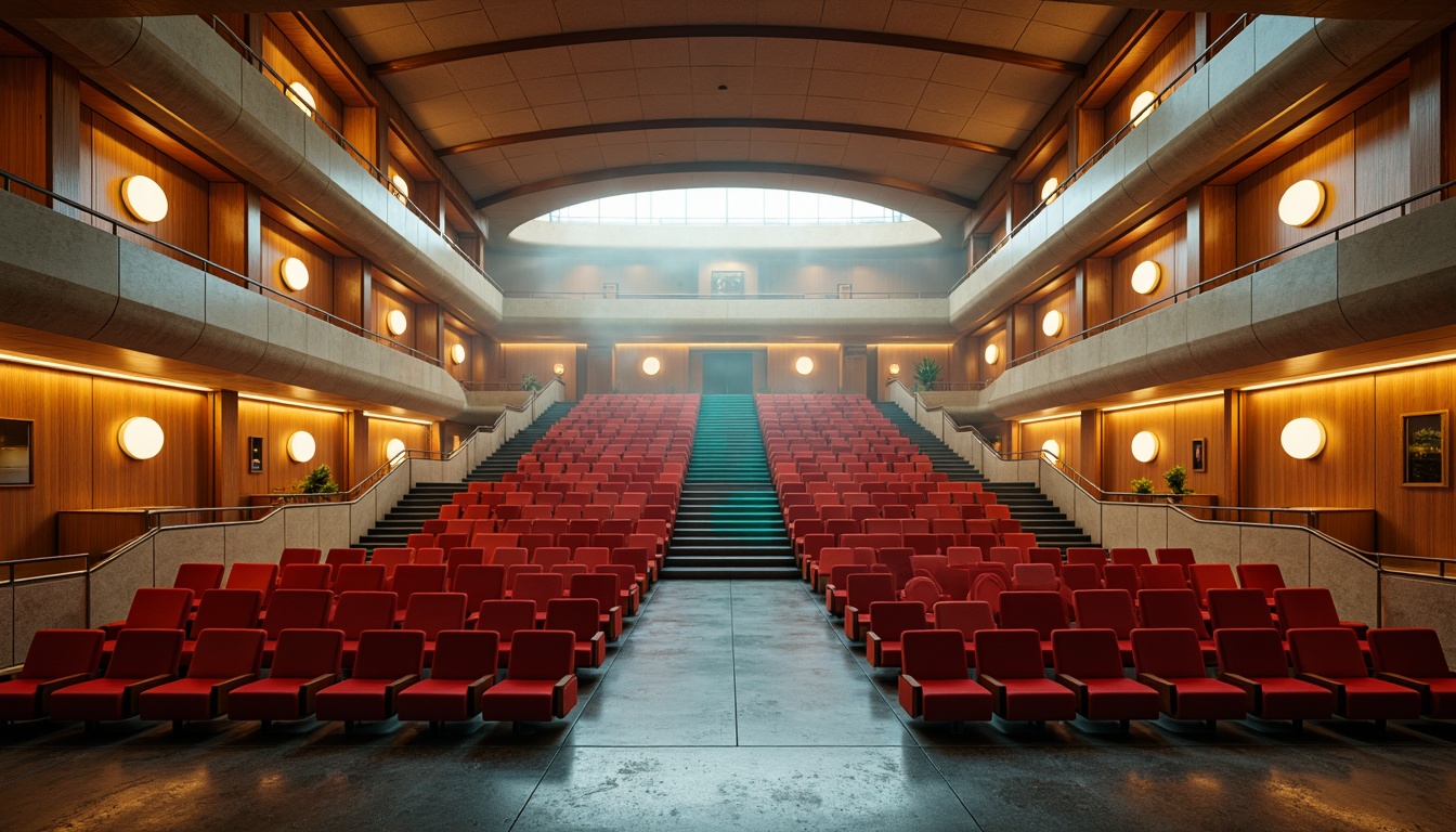 Prompt: Vibrant amphitheater interior, warm beige walls, rich brown wood accents, soft golden lighting, plush crimson seats, bold turquoise highlights, metallic silver railings, sleek black flooring, natural stone columns, dramatic archways, grand staircase, sweeping curves, atmospheric misting, soft focus, cinematic composition, 1/2 perspective, realistic textures, ambient occlusion.