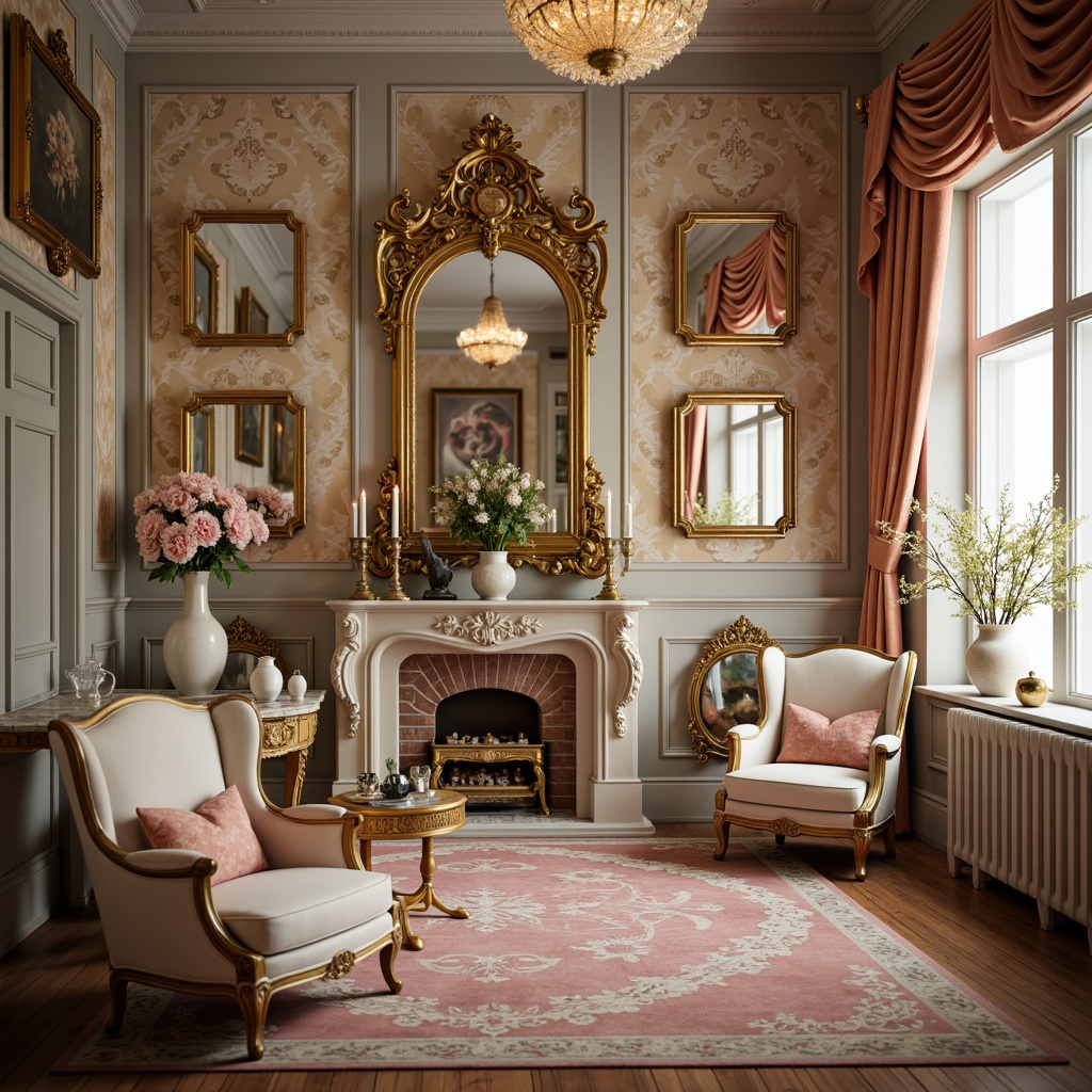 Prompt: Ornate mirrors, gilded frames, delicate florals, soft pastel hues, intricate carvings, lavish furnishings, velvet drapes, ornamental clocks, golden accents, luxurious fabrics, curved lines, scalloped edges, shell-shaped motifs, whimsical patterns, elegant candelabras, sparkling chandeliers, romantic ambiance, warm candlelight, shallow depth of field, 1/1 composition, realistic textures, ambient occlusion.