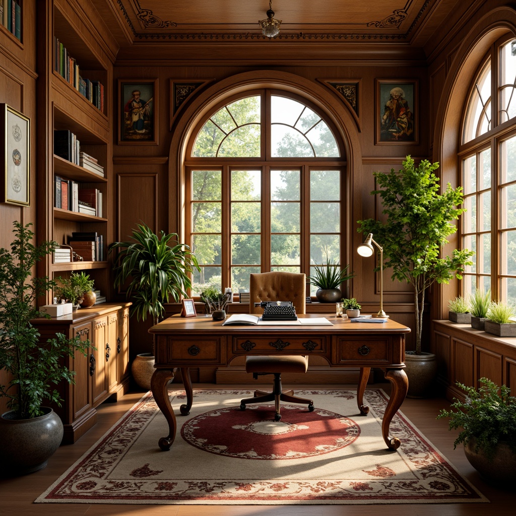 Prompt: Elegant art nouveau home office, ornate wooden desk, sinuous metal legs, curved back chair, upholstered velvet fabric, intricate carvings, organic shapes, flowing lines, earthy tones, warm golden lighting, rich wood paneling, decorative moldings, stained glass windows, lush green plants, vintage typewriter, leather-bound books, ornamental clock, soft focus background, shallow depth of field, 1/2 composition, warm color palette, realistic textures.