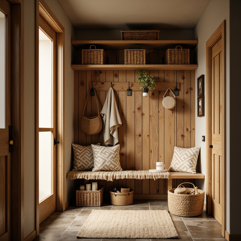 Prompt: Cozy mudroom, rustic wooden bench, plush cushions, warm earthy tones, natural stone flooring, woven baskets, soft golden lighting, farmhouse-inspired decor, vintage metal hooks, distressed wood accents, inviting textiles, nature-inspired patterns, calming atmosphere, shallow depth of field, 1/1 composition, realistic wood textures, ambient occlusion.