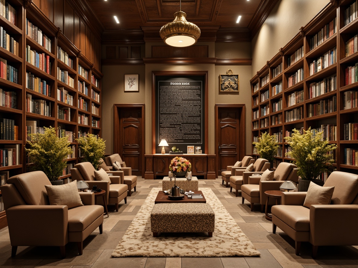 Prompt: Cozy bookstore interior, warm wooden shelves, vintage book collections, comfortable reading nooks, soft cushioned armchairs, rich leather sofas, earthy color tones, warm beige walls, dark wood accents, golden lighting fixtures, subtle texture overlays, natural stone flooring, plush area rugs, calm atmosphere, relaxed seating areas, floor-to-ceiling bookshelves, elegant typography, warm color scheme, inviting ambiance, softbox lighting, 1/2 composition, realistic renderings.