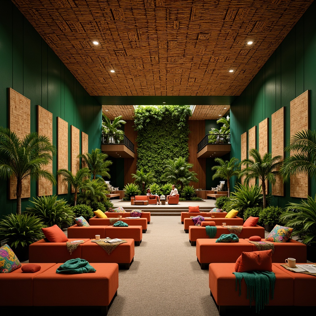 Prompt: Tropical theater interior, lush green walls, natural wood accents, woven bamboo ceiling, vibrant colorful fabrics, plush seating, acoustic panels with geometric patterns, sound-absorbing materials, warm soft lighting, shallow depth of field, 3/4 composition, realistic textures, ambient occlusion, rich wooden tones, exotic plants, subtle tropical scents, warm humid air, gentle breeze, calming atmosphere.