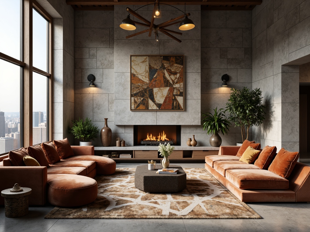 Prompt: Luxurious living room, velvet sofas, rough-hewn stone walls, polished marble floors, metallic accents, soft plush rugs, natural wood furniture, geometric patterns, industrial chic decor, urban loft atmosphere, dramatic lighting, high ceilings, minimalist color palette, warm cozy ambiance, 1/1 composition, shallow depth of field, realistic textures.