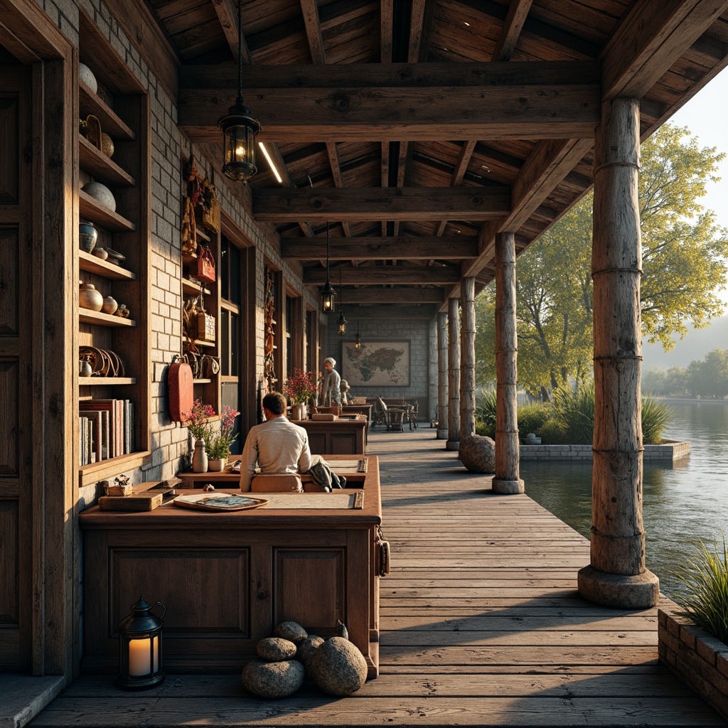 Prompt: Rustic boathouse, ornate Baroque details, distressed wood textures, weathered stone walls, copper accents, nautical instruments, vintage maps, fishing nets, lanterns, wooden dock, serene lake, misty morning, soft golden lighting, shallow depth of field, 2/3 composition, realistic reflections, ambient occlusion.