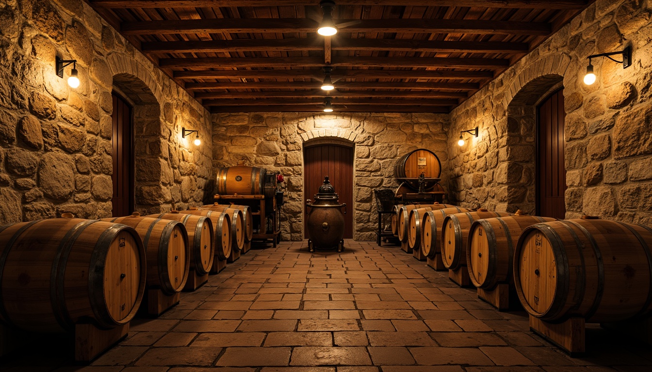 Prompt: Rustic winery, stone walls, wooden barrels, vintage wine-making equipment, dimly lit cellar, earthy aromas, rich wood textures, distressed metal accents, worn brick floors, natural stonework, arched doorways, lantern-style lighting, warm golden hues, soft focus, shallow depth of field, 1/1 composition, realistic rendering, ambient occlusion.