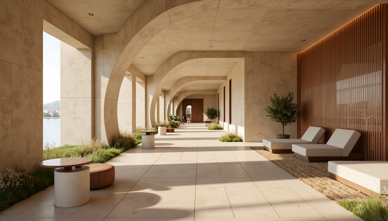 Prompt: Streamlined modernist interior, curved wall lines, smooth plaster finishes, warm beige tones, metallic accents, geometric patterned wallpaper, floor-to-ceiling windows, minimal ornamentation, sleek LED lighting, indirect ambient illumination, shallow depth of field, 2/3 composition, cinematic perspective, realistic reflections, soft focus blur.