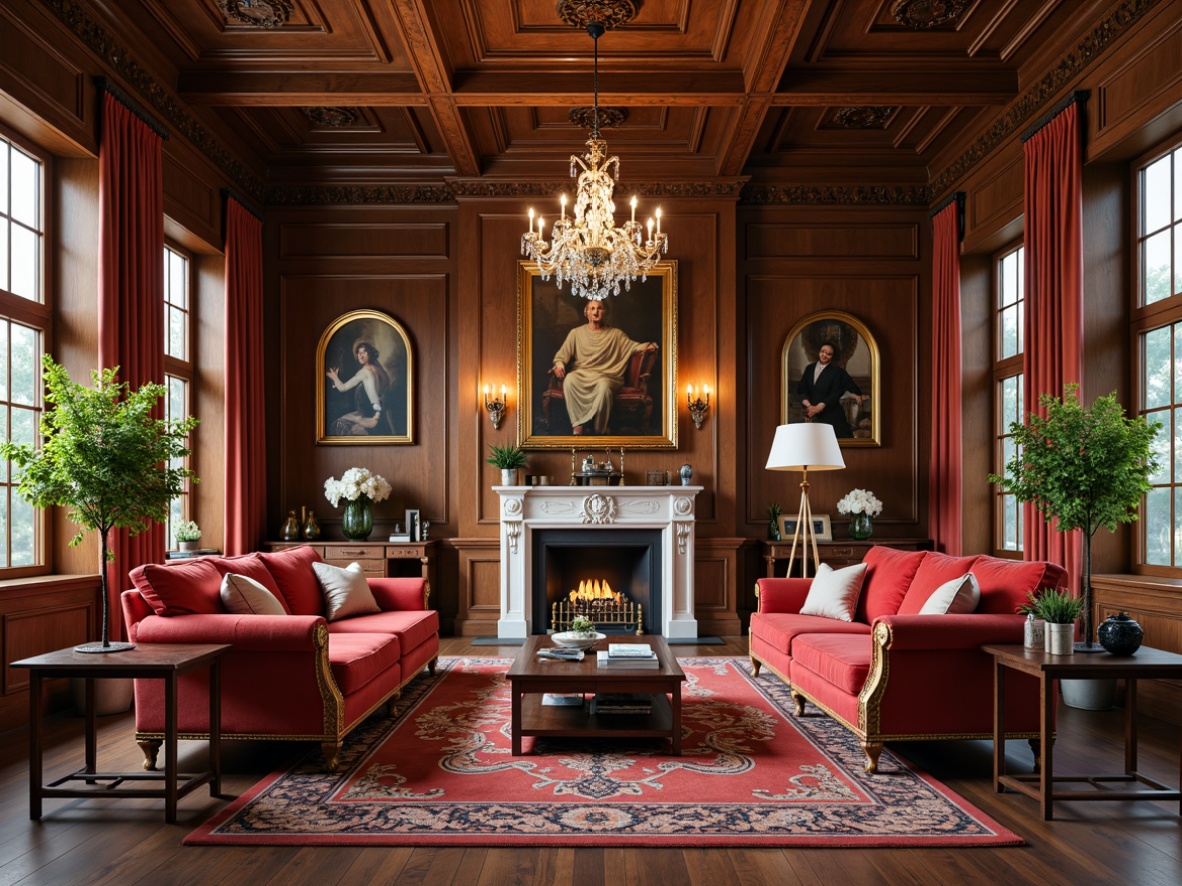 Prompt: Elegant neoclassical living room, rich wooden furniture, ornate carvings, velvet upholstery, gilded frames, crystal chandeliers, marble fireplaces, intricate moldings, high ceilings, grand proportions, symmetrical layout, soft warm lighting, shallow depth of field, 3/4 composition, realistic textures, ambient occlusion.