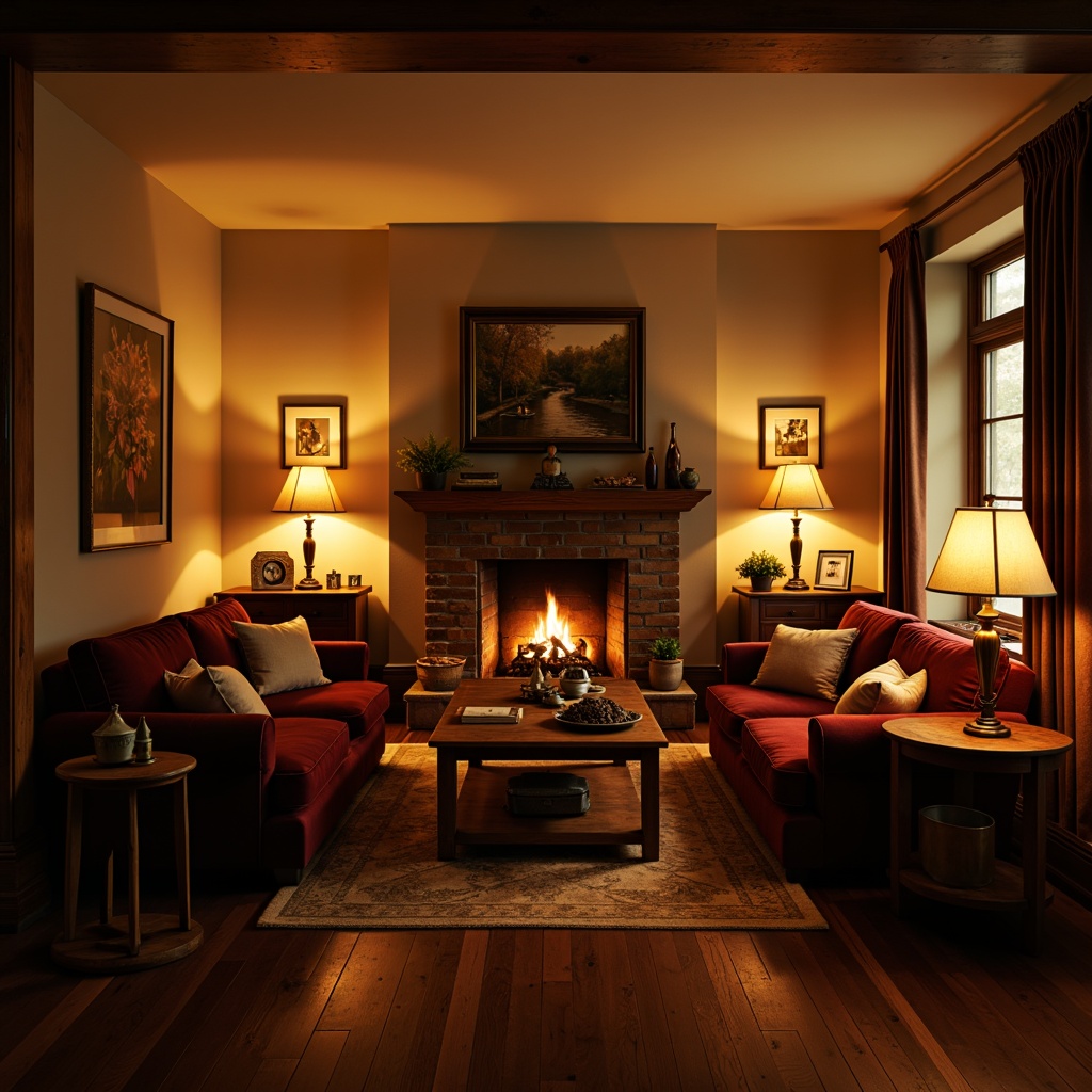 Prompt: Cozy living room, warm ambiance, soft glowing lamps, rustic wooden furniture, plush velvet sofas, crackling fireplace, dimmable floor lamps, table lamps with linen shades, warm beige walls, dark wood flooring, intimate atmosphere, evening scene, golden hour lighting, shallow depth of field, 1/1 composition, realistic textures, ambient occlusion.