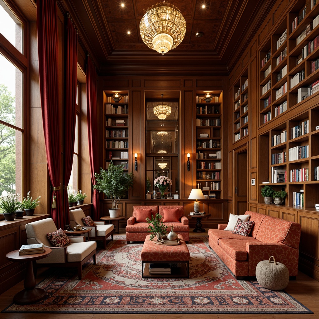 Prompt: Luxurious library interior, Art Deco style, rich wood paneling, ornate metal fixtures, velvet drapes, bold geometric patterns, metallic accents, opulent furnishings, comfortable seating areas, warm ambient lighting, soft warm colors, lavish fabrics, intricate embroidery, ornate tassels, vintage-inspired textiles, sophisticated color palette, subtle sheen, 1/2 composition, shallow depth of field, realistic textures.