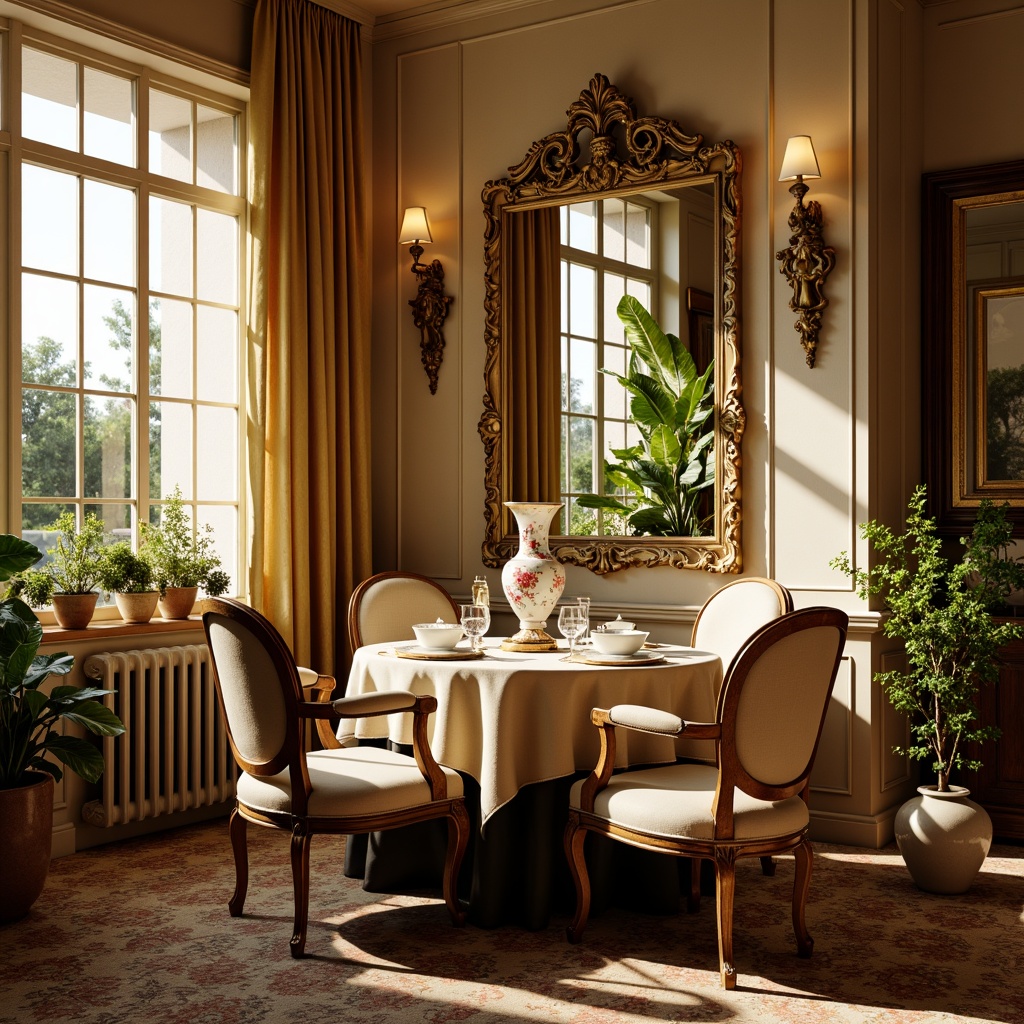 Prompt: Ornate breakfast nook, Rococo-style furniture, curved wooden chairs, intricate carvings, gilded accents, velvet upholstery, delicate porcelain vases, floral patterns, soft golden lighting, warm beige walls, ornamental mirrors, carved wooden panels, elegant drapery, lush green plants, morning sunlight, shallow depth of field, 1/1 composition, realistic textures, ambient occlusion.