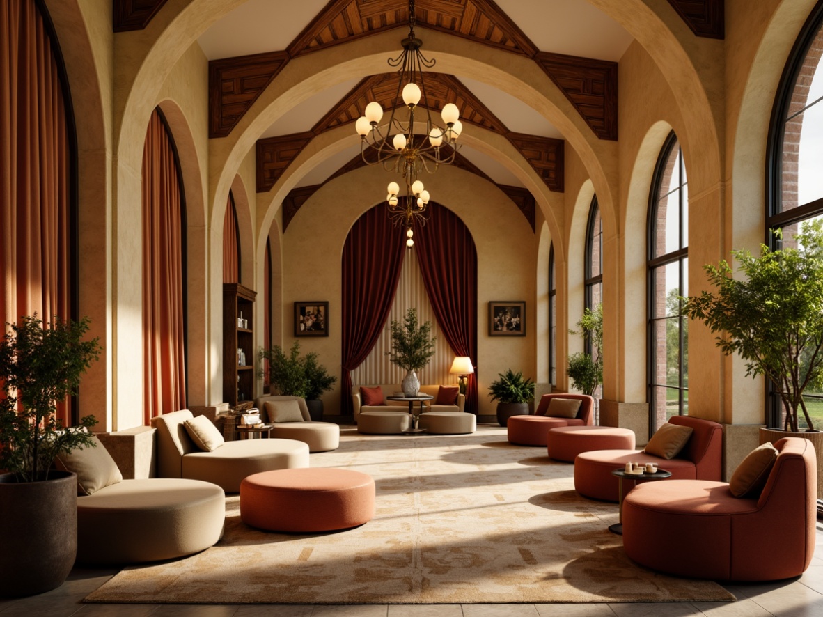 Prompt: Earthy tones, warm beige walls, rich wood accents, plush velvet seating, soft golden lighting, subtle gradient effects, harmonious color transitions, elegant curvature lines, sweeping archways, grandiose chandeliers, lavish drapery, ornate metalwork details, natural stone flooring, ambient occlusion, realistic textures, shallow depth of field, 3/4 composition, panoramic view.