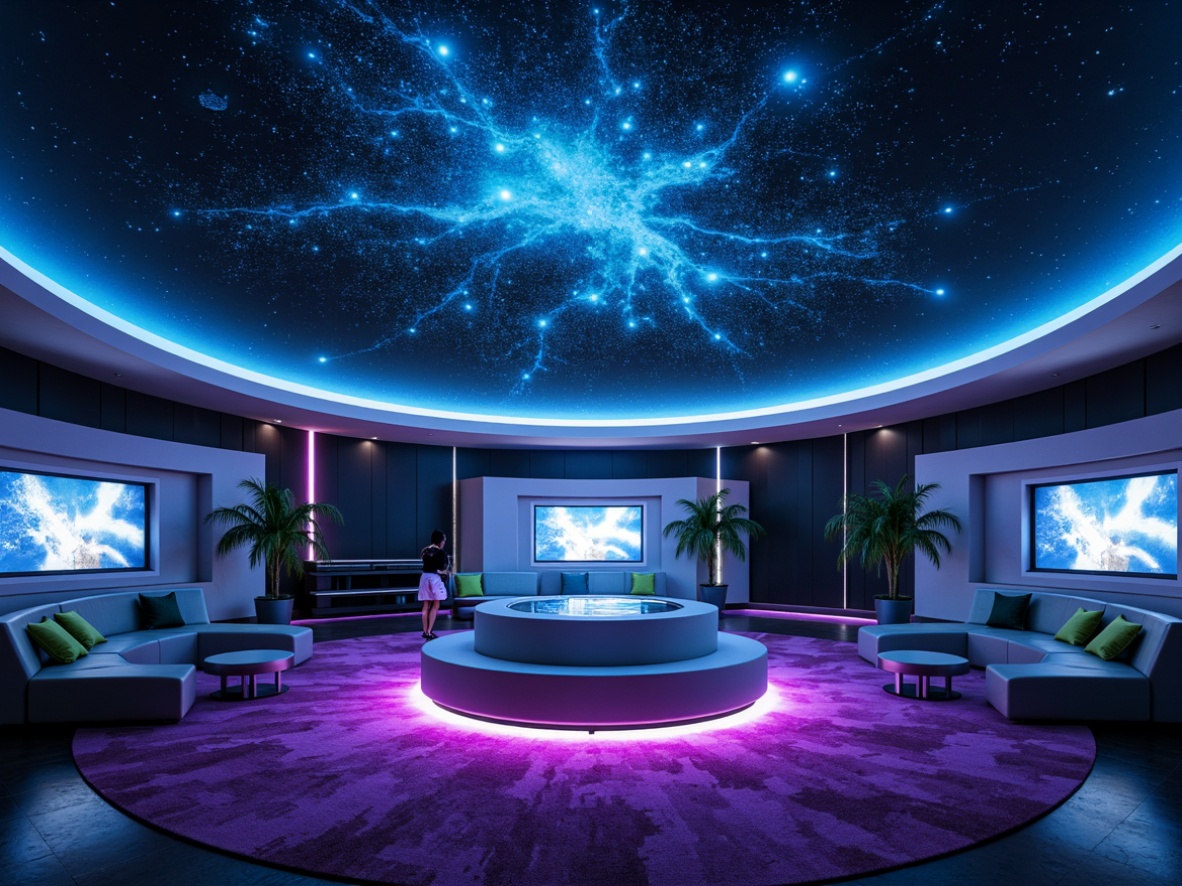 Prompt: Celestial planetarium interior, harmonious color scheme, deep blues, rich purples, vibrant turquoise, stardust accents, glow-in-the-dark constellations, spherical dome ceiling, futuristic seating, interactive exhibits, immersive experiences, 360-degree projections, ambient atmospheric lighting, soft gradient transitions, realistic nebula textures, subtle starry night effects, shallow depth of field, 1/1 composition, symmetrical layout.