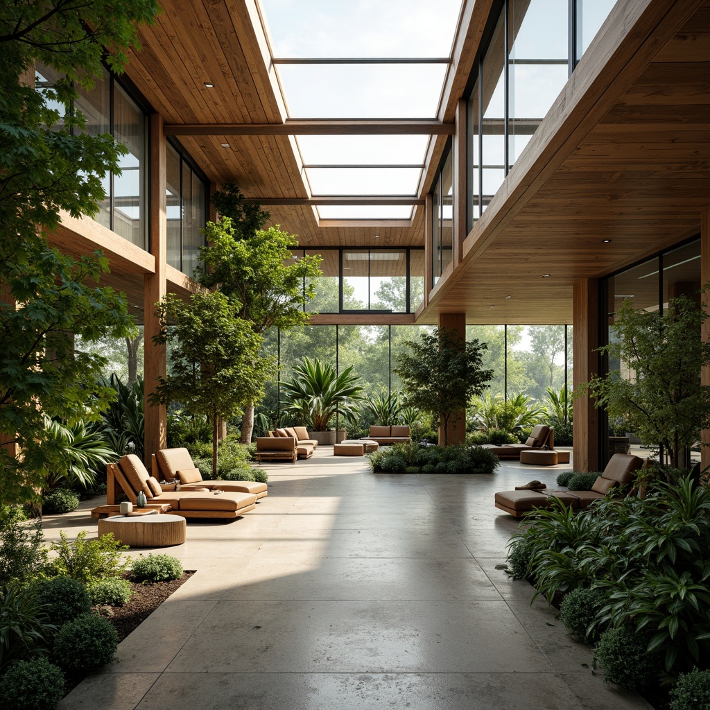 Prompt: Lush greenery, tropical plants, wooden accents, natural stone flooring, large windows, sliding glass doors, clerestory windows, open floor plan, high ceilings, minimal ornamentation, functional simplicity, industrial chic decor, exposed ductwork, polished concrete floors, organic shapes, earthy tones, abundant natural light, warm sunbeams, soft shadows, 1/1 composition, realistic textures, ambient occlusion, mid-century modern style.