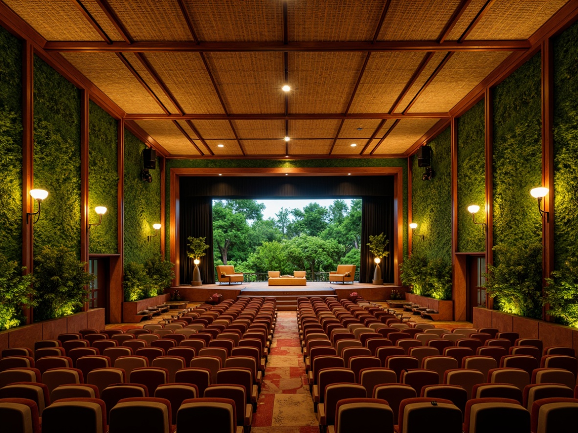 Prompt: Vibrant tropical theater, lush green walls, exotic wood accents, natural fiber textiles, bamboo ceiling, warm golden lighting, soft cushioned seats, curved rows of audience chairs, elevated stage, professional sound equipment, sleek metal framework, geometric acoustic panels, rich wood tones, ambient noise reduction, echo elimination, crystal-clear sound quality, 3/4 composition, shallow depth of field, realistic textures, subtle shadowing.