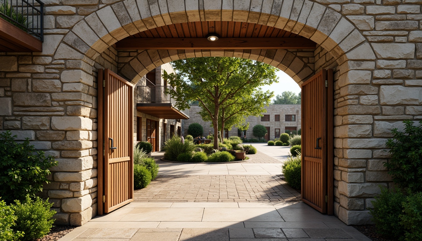 Prompt: Rustic zoo entrance, natural stone walls, textured rough-hewn stonework, distressed wood accents, charming French country style, earthy color palette, lush greenery, exotic animal habitats, wooden fencing, vintage metal gates, soft warm lighting, shallow depth of field, 1/1 composition, realistic textures, ambient occlusion.