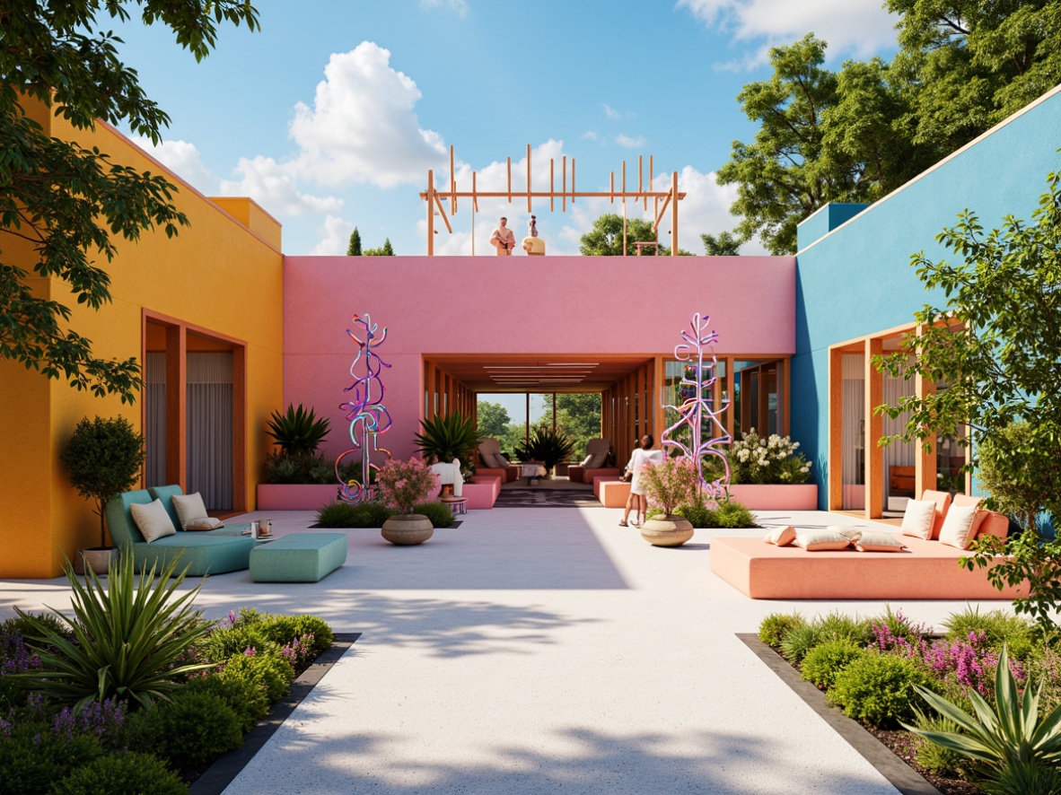 Prompt: Vibrant pavilion, postmodernist architecture, bold geometric shapes, playful color blocking, bright pastel hues, neon accents, iridescent materials, reflective surfaces, sleek metal frames, transparent glass walls, abstract sculptures, whimsical patterns, eclectic furniture, lush greenery, tropical plants, warm sunny day, soft diffused lighting, high contrast colors, 1/1 composition, symmetrical framing, futuristic ambiance.