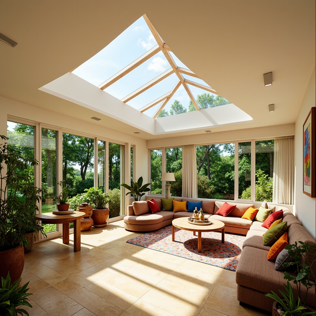 Prompt: Vibrant sunroom, expressionist architecture, abundant natural light, clerestory windows, skylights, sliding glass doors, bright white walls, warm beige floors, lush greenery, potted plants, curved lines, playful shapes, whimsical decor, colorful textiles, eclectic furniture, abstract artwork, dramatic shadows, soft warm lighting, shallow depth of field, 1/1 composition, panoramic view, realistic textures, ambient occlusion.