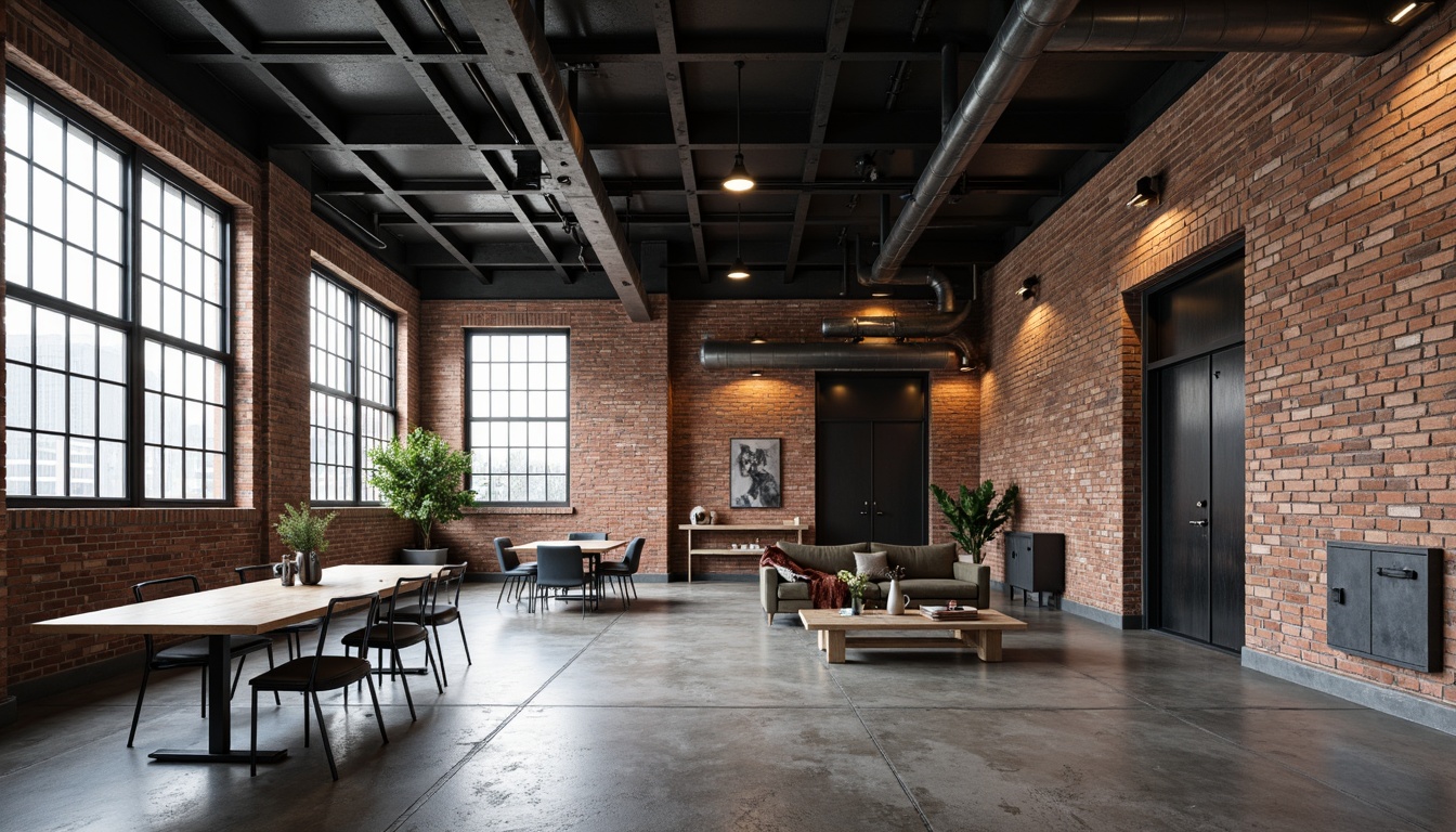 Prompt: Exposed brick walls, industrial metal beams, polished concrete floors, functional minimalist furniture, steel frame chairs, reclaimed wood tables, industrial-style lighting fixtures, metallic accents, brutalist architectural elements, urban loft atmosphere, neutral color palette, raw unfinished textures, dramatic shadows, high ceilings, open spaces, 3/4 composition, softbox lighting, realistic reflections.