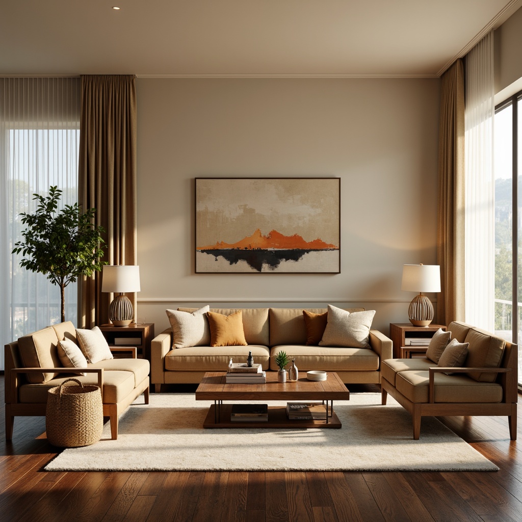 Prompt: Cozy living room, plush sofas, velvet armchairs, wooden coffee tables, woven baskets, soft cushions, elegant lamps, warm beige walls, dark hardwood floors, modern minimalist decor, natural textiles, abstract artwork, floor-to-ceiling windows, sheer curtains, sunny afternoon, gentle diffused lighting, shallow depth of field, 1/2 composition, realistic rendering, ambient occlusion.