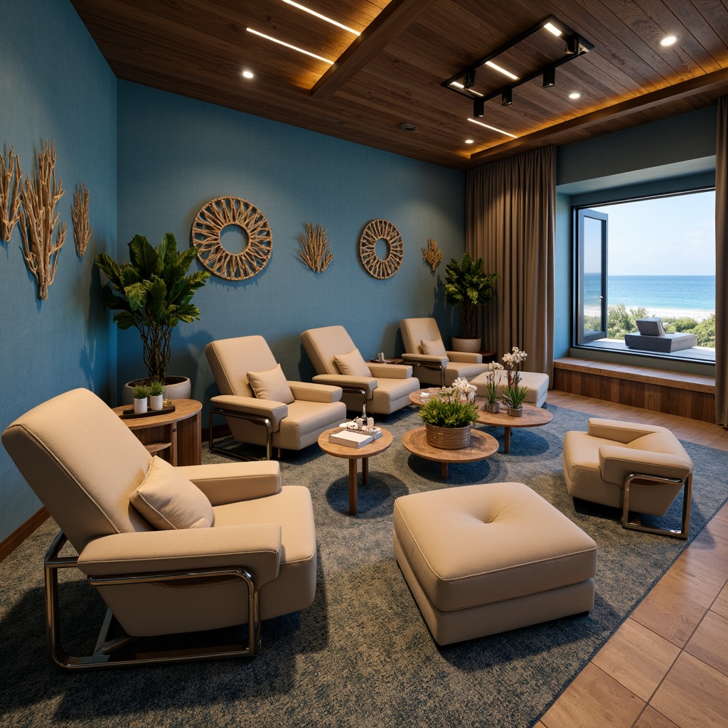 Prompt: Coastal cinema interior, ocean-inspired color palette, driftwood accents, comfortable plush seating, reclining chairs, soft velvety upholstery, metallic silver frames, minimalist coffee tables, rounded edges, natural textiles, woven sea grass patterns, coral-inspired decorative elements, subtle nautical themes, warm ambient lighting, cinematic spotlights, acoustic soundproofing panels, ocean-view windows, panoramic screens, state-of-the-art projection systems.