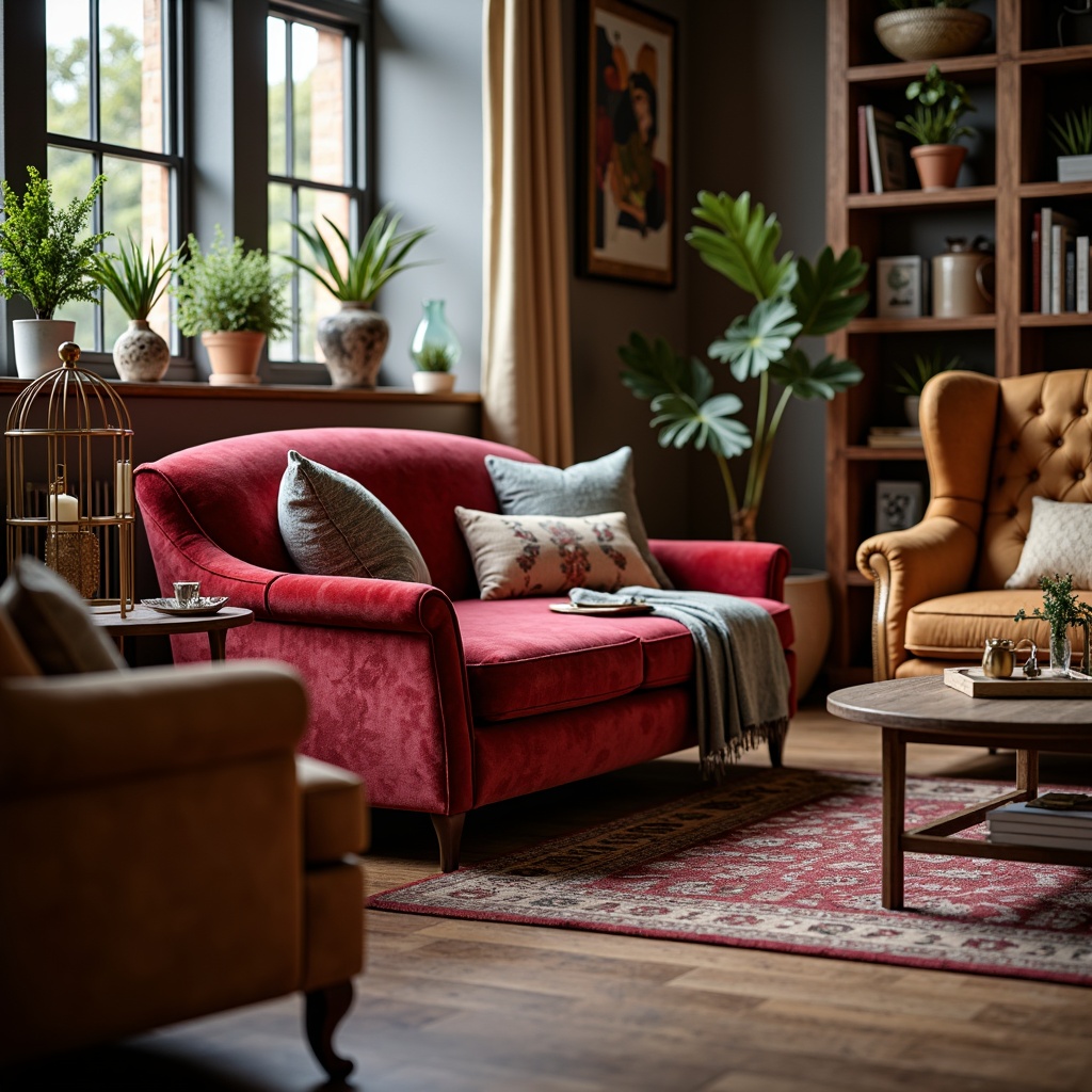 Prompt: Plush velvet sofa, soft cushioning, rich brown leather armchair, elegant tufted upholstery, comfortable recliner, sturdy wooden frame, vibrant colorful fabrics, intricate patterns, luxurious texture, cozy throw pillows, warm ambient lighting, inviting living room setting, 1/1 composition, shallow depth of field, realistic materials.