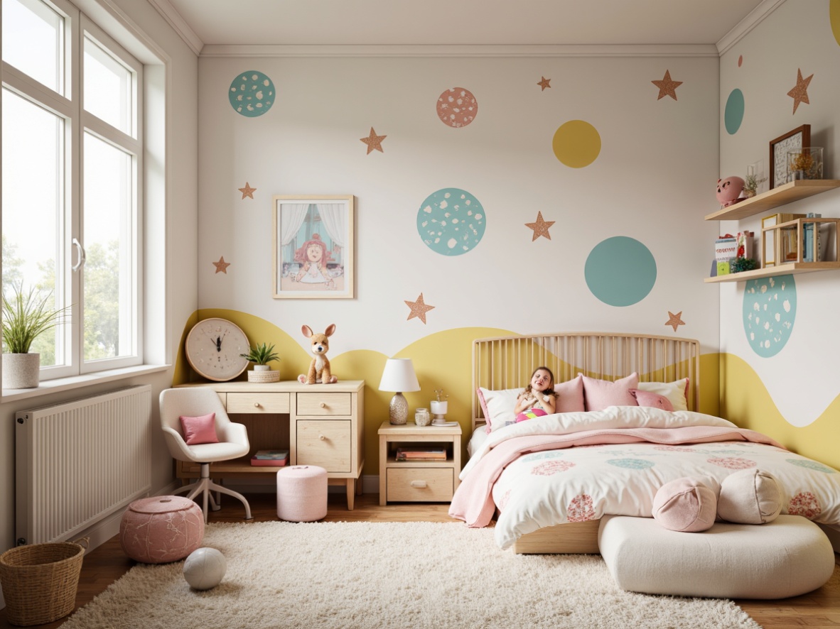 Prompt: Vibrant kids' bedroom, soft pastel colors, creamy whites, gentle blues, warm yellows, playful pinks, whimsical illustrations, fun polka dots, cozy textiles, plush carpets, kid-friendly furniture, colorful storage bins, cheerful wall decals, natural wood accents, subtle sparkle effects, calming ambiance, warm lighting, shallow depth of field, 1/1 composition, intimate atmosphere.