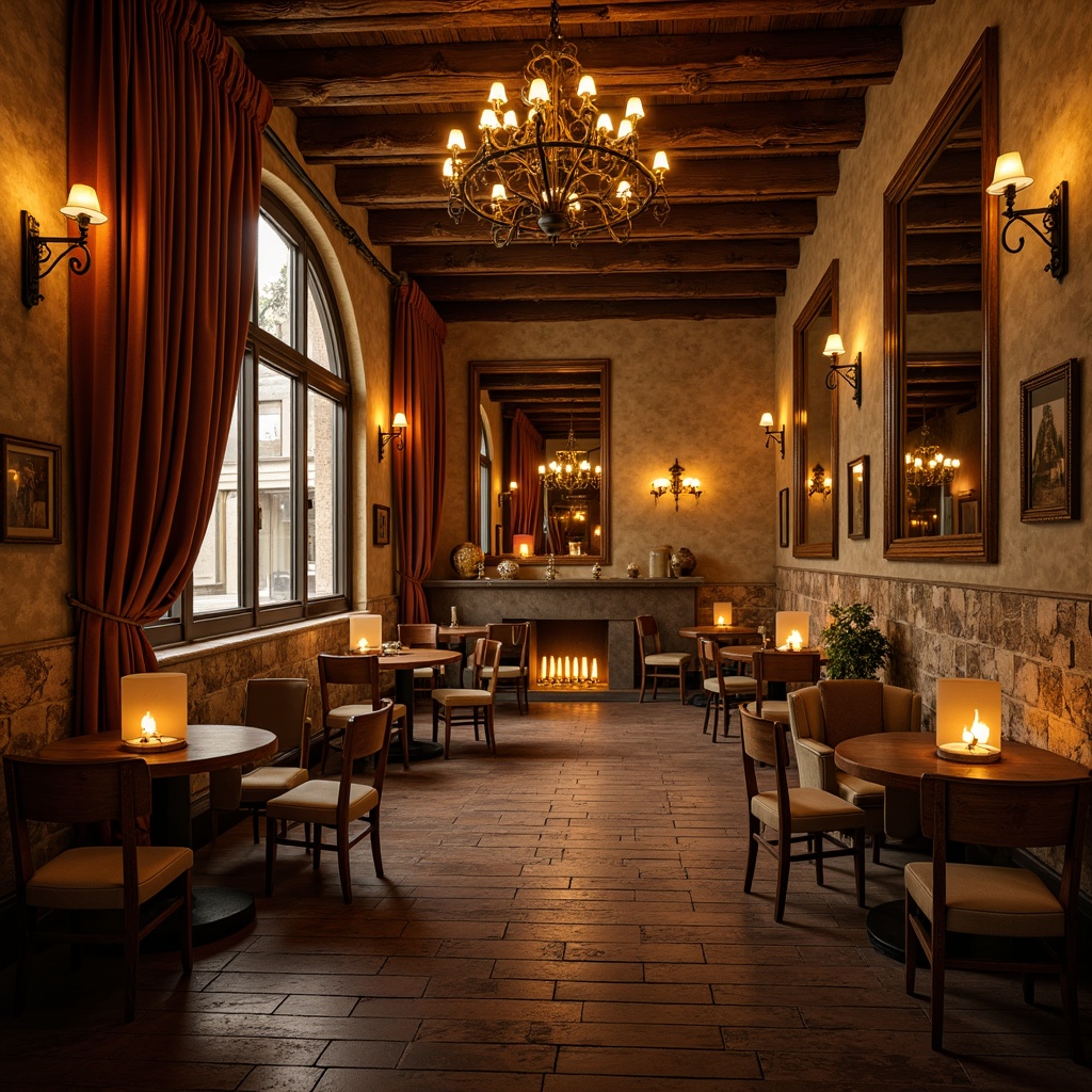 Prompt: Warm candlelit ambiance, rustic wooden accents, distressed stone walls, lavish velvet drapes, ornate ironwork, soft golden lighting, dimmed chandeliers, intimate seating areas, richly upholstered furniture, vintage wine barrels, antique mirrors, faded tapestries, warm beige tones, soft misty atmosphere, subtle fog effects, dramatic spotlights, 1/2 composition, cinematic mood lighting, realistic reflections, ambient occlusion.