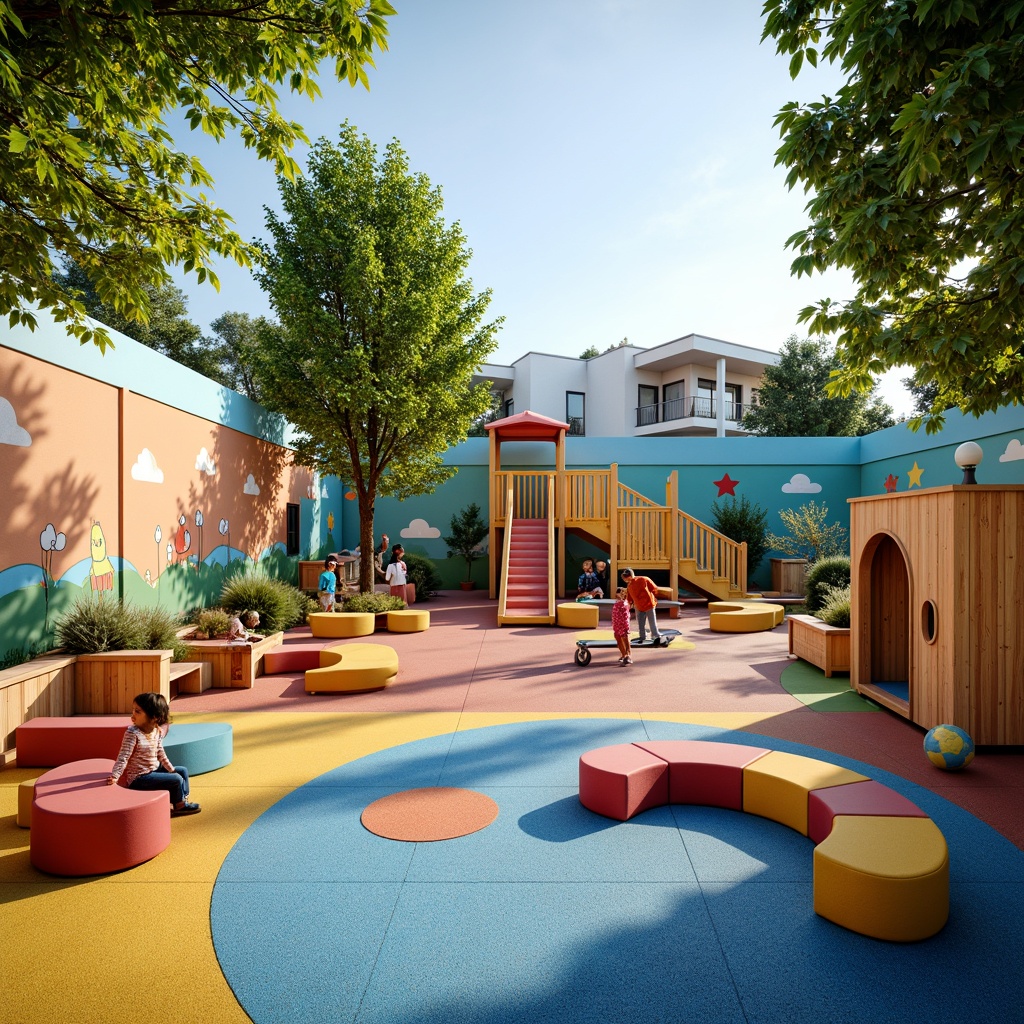 Prompt: Vibrant kindergarten playground, whimsical murals, colorful climbing frames, soft play mats, educational toys, sensory play areas, interactive learning zones, natural wood accents, playful lighting fixtures, circular seating areas, cozy reading nooks, textured rubber flooring, stimulating wall graphics, nature-inspired art pieces, cheerful outdoor furniture, gentle water features, sunny day, warm atmospheric lighting, shallow depth of field, 3/4 composition, panoramic view.