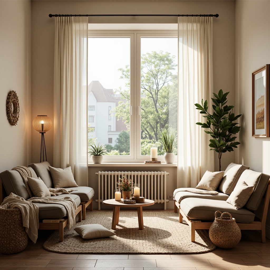 Prompt: Cozy Scandinavian living room, natural light pouring in, minimalist wooden furniture, soft beige walls, cream-colored curtains, woven textiles, rattan decor, potted green plants, modern Nordic lighting fixtures, warm candlelight, soft warm atmosphere, shallow depth of field, 1/1 composition, realistic textures, ambient occlusion.