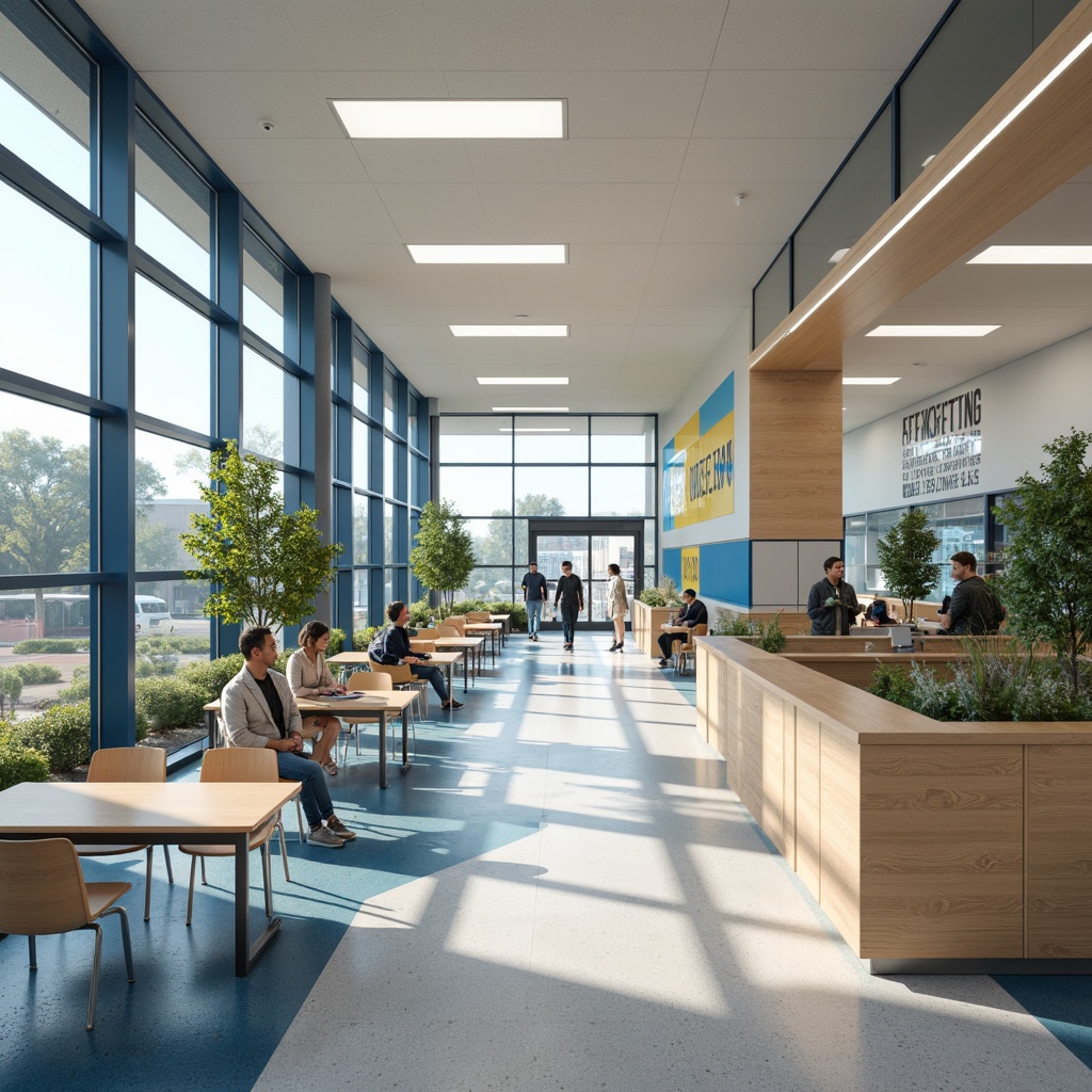 Prompt: Vibrant middle school interior, streamline moderne aesthetic, calming color palette, soft blue tones, creamy whites, warm beige accents, rich wood textures, sleek metal frames, minimalist decor, natural light pouring in, floor-to-ceiling windows, open-plan classrooms, collaborative workspaces, ergonomic furniture, subtle patterns, bold accent walls, modern LED lighting, 3/4 composition, shallow depth of field, realistic renderings.