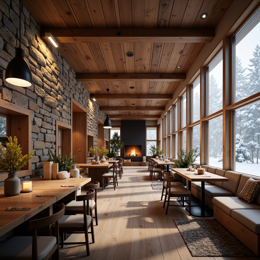 Prompt: Cozy Scandinavian dining hall, warm wooden accents, rustic stone walls, candles, pendant lamps, soft diffused lighting, Nordic minimalism, natural textiles, earthy color palette, wooden tables, comfortable seating, warm fireplace, large windows, snowy winter scene, morning sunlight, shallow depth of field, 1/1 composition, realistic wood textures, ambient occlusion.