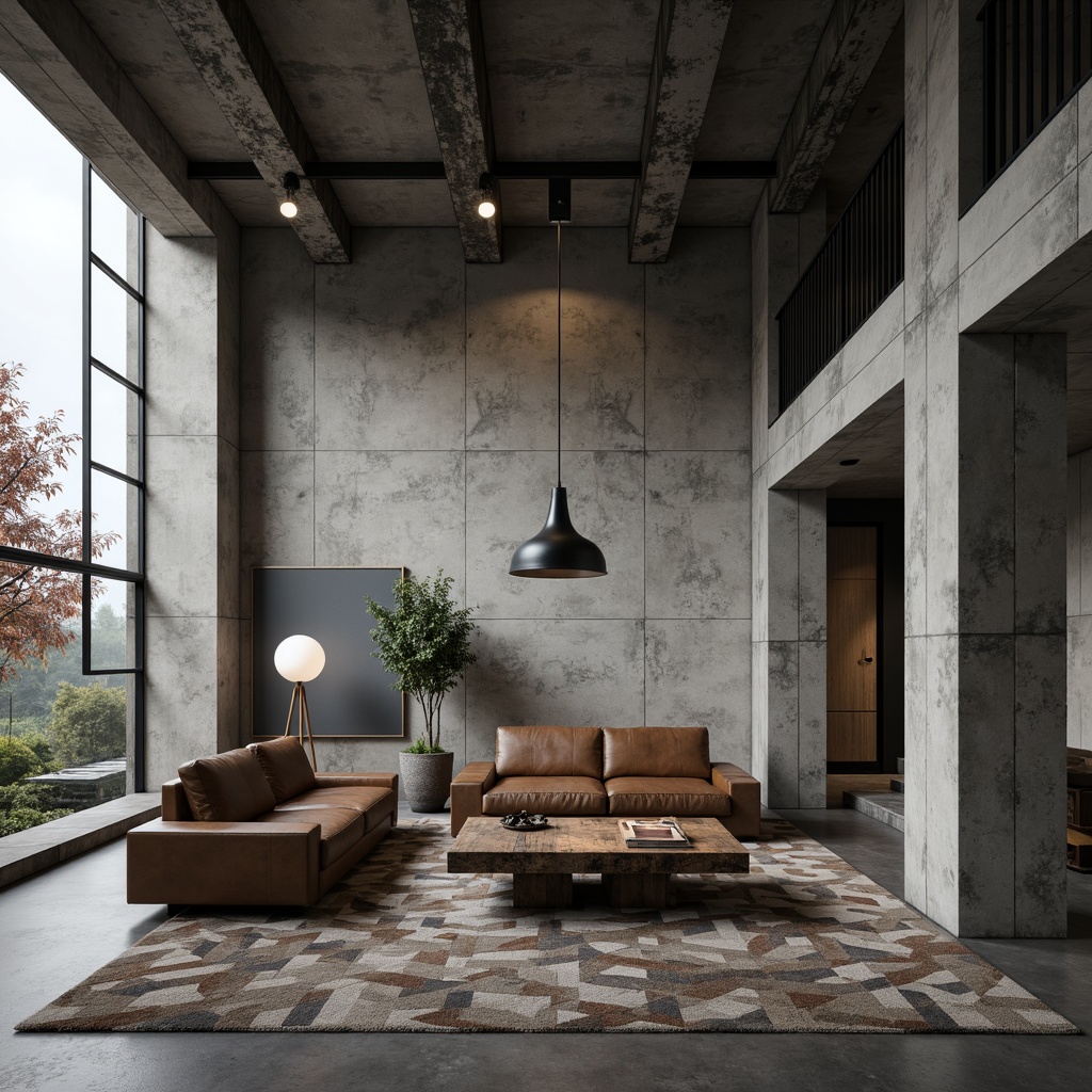 Prompt: Monolithic concrete walls, industrial-style metal beams, rugged stone flooring, brutalist-inspired furniture, chunky wooden coffee tables, minimalist leather sofas, abstract geometric-patterned rugs, oversized industrial lamps, dramatic low-hanging light fixtures, atmospheric fog effects, cinematic camera angles, 1/1 composition, high contrast lighting, realistic textures, ambient occlusion.