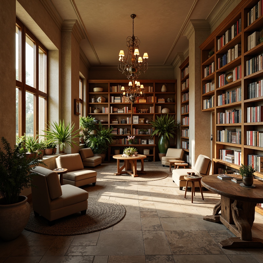 Prompt: Cozy bookstore interior, warm wooden shelves, soft beige walls, comfortable reading nooks, plush armchairs, vintage book collections, rustic wooden tables, elegant chandeliers, calming earthy tones, muted greenery, natural stone floors, warm golden lighting, shallow depth of field, 3/4 composition, intimate atmosphere, realistic textures, ambient occlusion.