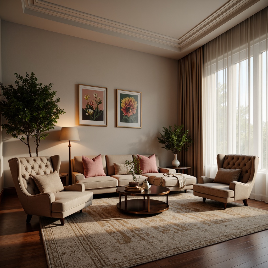 Prompt: Luxurious living room, plush velvet upholstery, soft pastel colors, tufted cushions, high-back armchairs, low-seated sofas, wooden legs, metallic accents, ambient warm lighting, cozy throw blankets, natural fiber rugs, botanical prints, vintage decorative pieces, eclectic furniture arrangement, 1/1 composition, intimate atmosphere, soft focus blur.