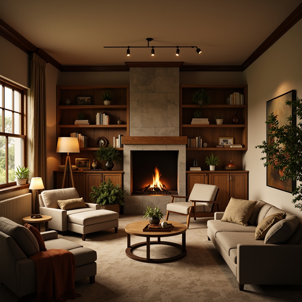 Prompt: Cozy living room, plush furniture, soft cushions, warm lighting, crackling fireplace, wooden accents, natural textiles, earthy tones, comfortable reading nook, floor lamps, rustic wooden shelves, vintage decorative items, soft beige carpet, calming color palette, intimate seating area, warm golden lighting, shallow depth of field, 3/4 composition, realistic textures, ambient occlusion.