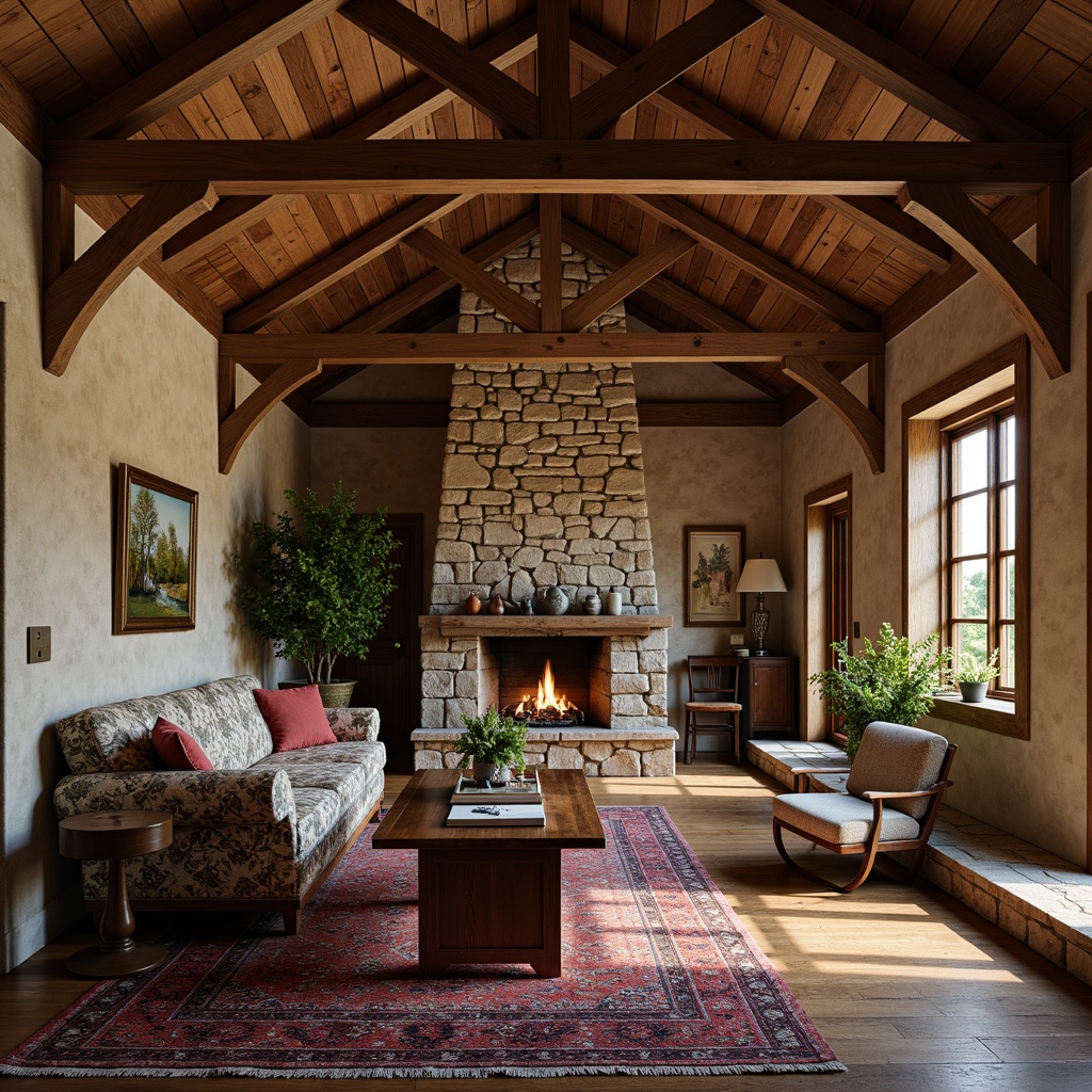 Prompt: Rustic hall, wooden beams, natural stone walls, earthy tones, cozy atmosphere, grand fireplace, comfortable seating areas, wooden furniture, intricate carvings, ornate details, rich textiles, patterned rugs, warm lighting, soft shadows, 3/4 composition, shallow depth of field, realistic textures, ambient occlusion.