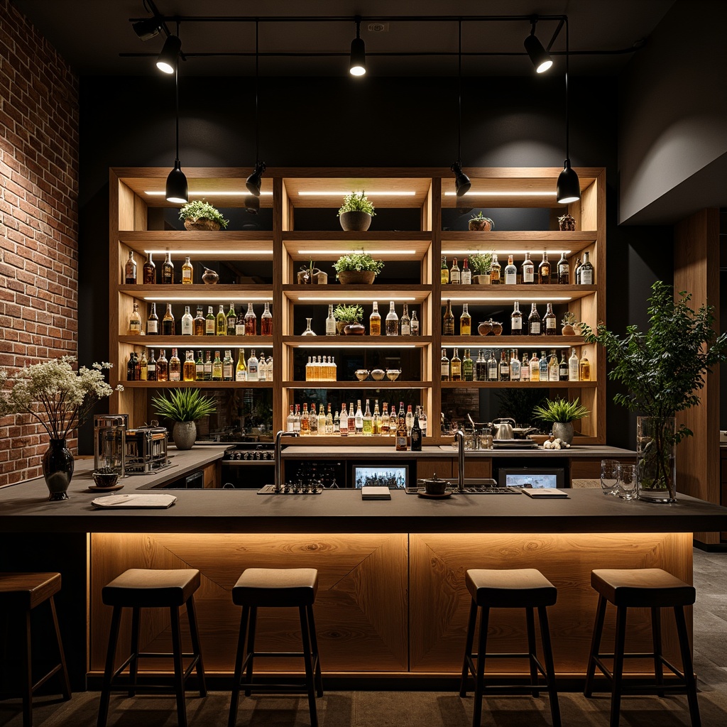 Prompt: Contemporary home bar, metallic shelving units, glass countertops, ambient pendant lights, warm white LED strips, polished chrome fixtures, rustic wooden accents, exposed brick walls, industrial-style metal stools, modern minimalist decor, dramatic high ceilings, soft diffused lighting, 1/2 composition, realistic reflections, cinematic mood lighting.