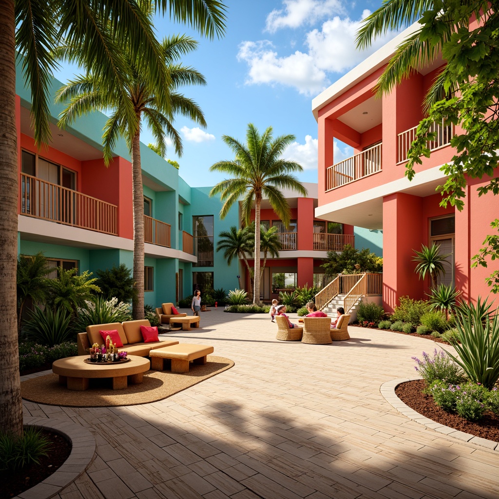 Prompt: Vibrant community center, tropical style architecture, bright coral walls, turquoise accents, lush greenery, palm trees, exotic flowers, warm wooden floors, rattan furniture, natural textiles, woven patterns, colorful tiki torches, sunny day, soft warm lighting, shallow depth of field, 3/4 composition, panoramic view, realistic textures, ambient occlusion.