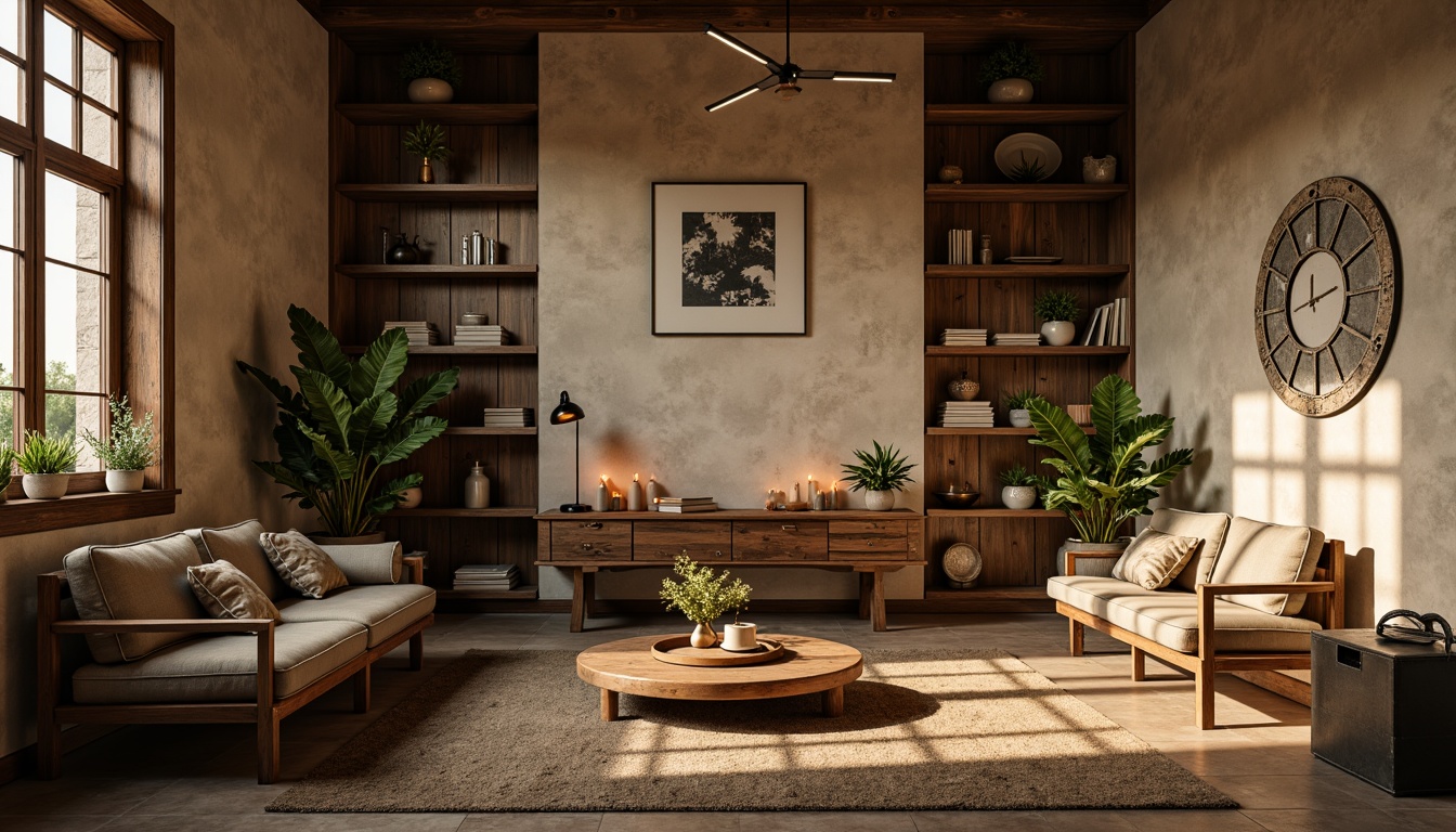 Prompt: Earthy tones, natural materials, wooden accents, warm beige walls, rustic bronze fixtures, rich walnut furniture, soft sage greenery, vintage distressed finishes, cozy candlelit ambiance, dramatic shadows, warm golden lighting, 1/2 composition, intimate close-ups, realistic textures, ambient occlusion.