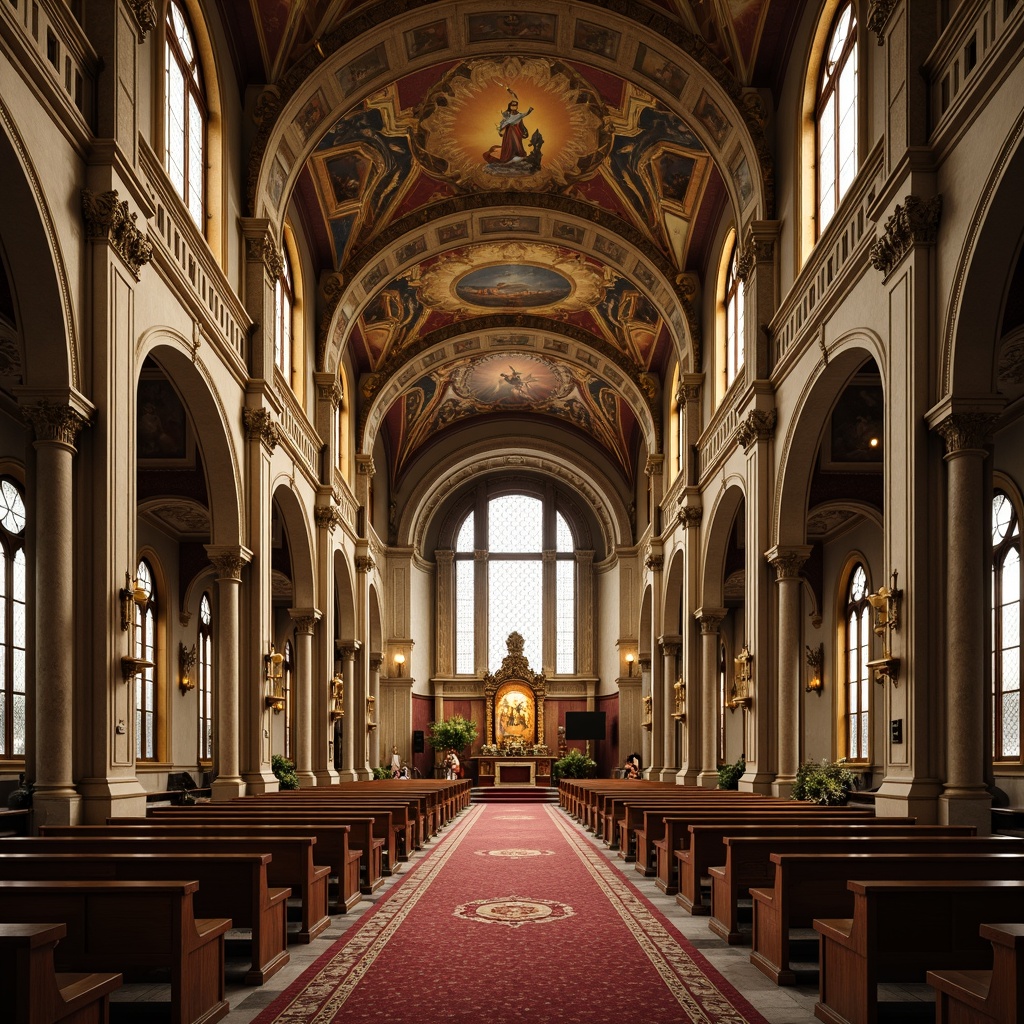 Prompt: Elegant religious institution, ornate stone carvings, marble floors, grandiose columns, intricate arches, stained glass windows, majestic dome structures, rich velvet textiles, gilded ornaments, ornamental frescoes, subtle ambient lighting, warm golden tones, high-contrast shadows, shallow depth of field, 1/1 composition, symmetrical framing, realistic textures, soft focus effect.