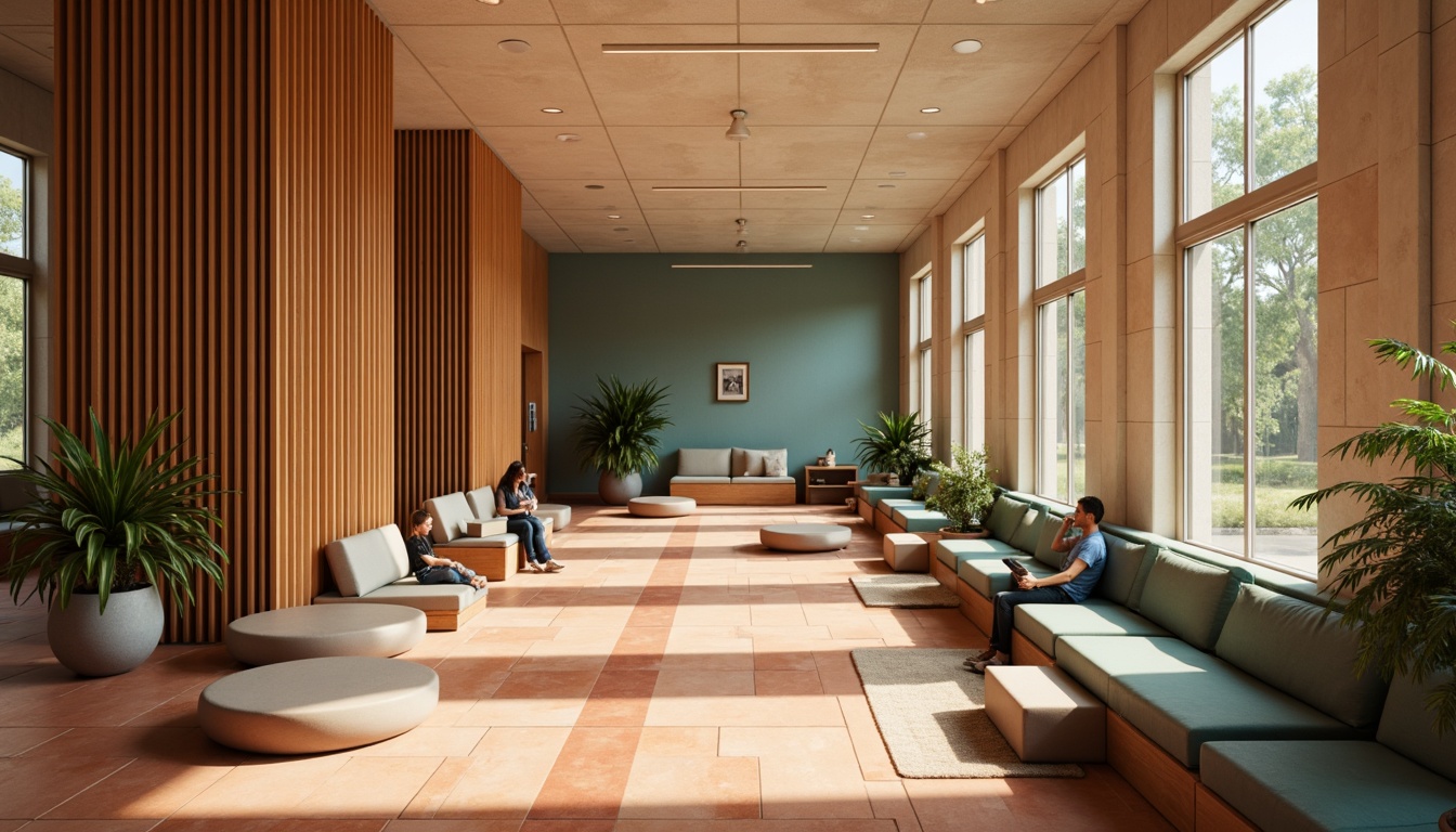 Prompt: Vibrant university hallways, soft natural lighting, earthy terracotta flooring, warm beige walls, rich wood accents, comfortable seating areas, modern minimalist furniture, subtle texture contrasts, calming blue-green color scheme, soothing atmosphere, shallow depth of field, 1/1 composition, realistic material rendering, ambient occlusion.