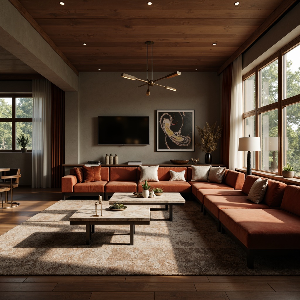 Prompt: Luxurious living room, velvet sofas, marble coffee tables, wooden flooring, natural stone walls, plush area rugs, metallic accents, rich textiles, subtle patterns, warm ambient lighting, cozy atmosphere, 1/1 composition, shallow depth of field, realistic renderings, soft focus effect.