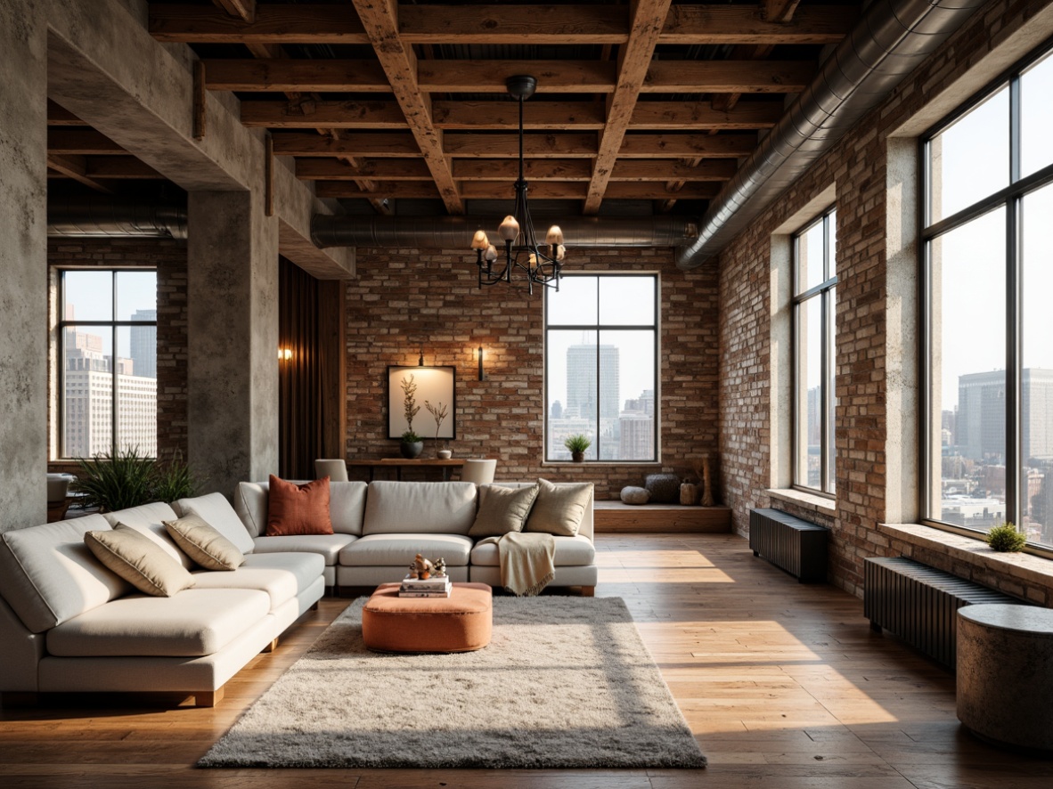 Prompt: Industrial chic loft, exposed wooden beams, rustic metal accents, earthy color palette, natural stone walls, reclaimed wood flooring, cozy reading nooks, plush area rugs, industrial-style lighting fixtures, modern minimalist decor, urban cityscape views, soft warm lighting, shallow depth of field, 1/1 composition, realistic textures, ambient occlusion.