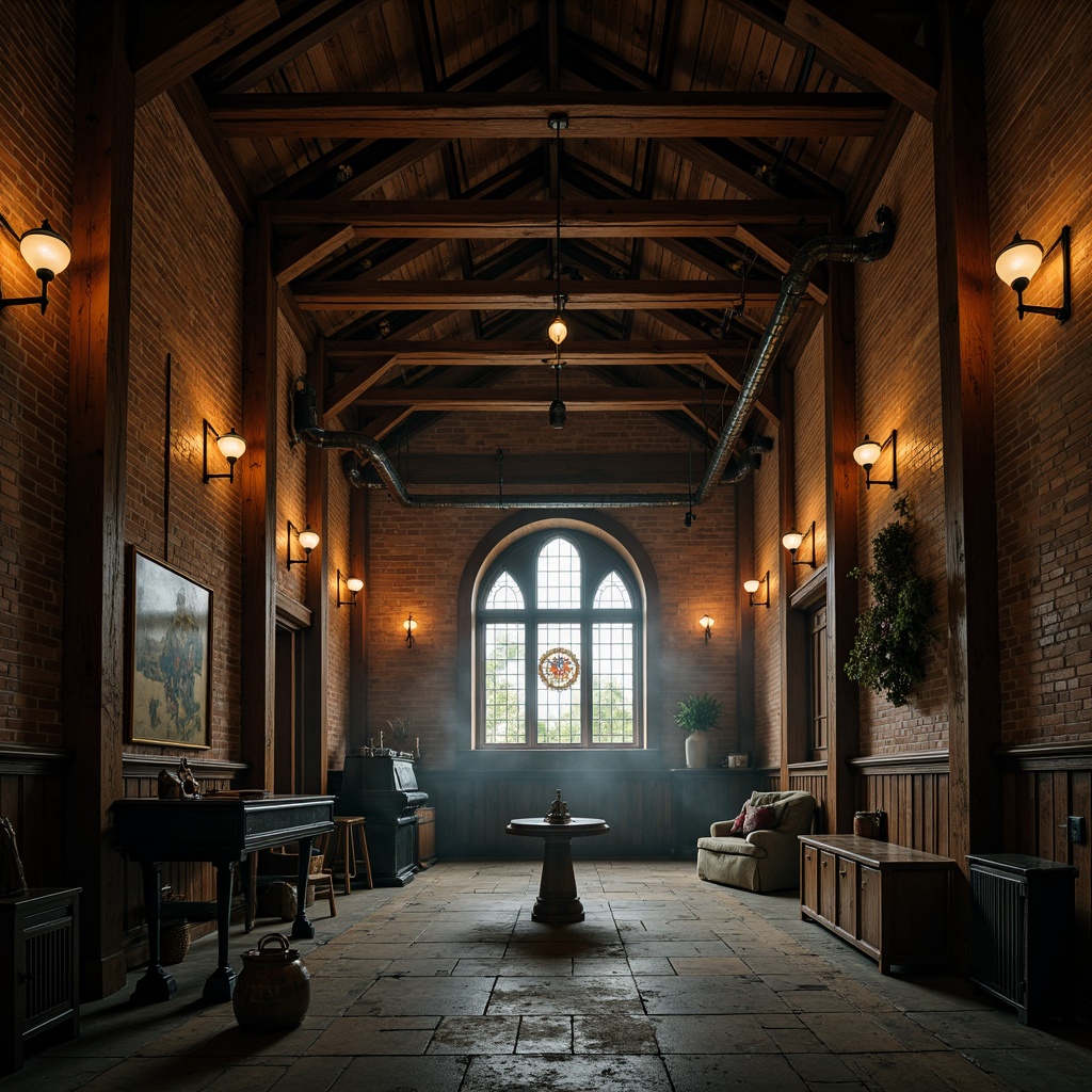 Prompt: Rustic monastery interior, exposed wooden beams, industrial chic decor, reclaimed wood accents, metal piping, distressed brick walls, arched windows, stained glass panels, vaulted ceilings, dim warm lighting, atmospheric fog, high contrast ratio, shallow depth of field, 2/3 composition, cinematic mood, realistic textures, subtle color grading.