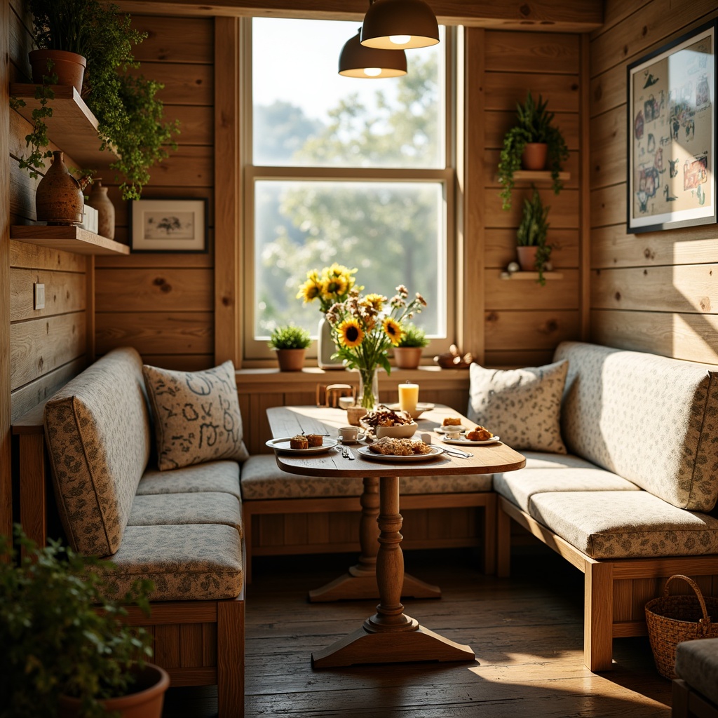 Prompt: Cozy breakfast nook, warm earthy tones, soft golden lighting, natural wood accents, vintage rustic charm, comfortable seating, plush cushions, farmhouse-inspired decor, distressed finishes, creamy whites, rich browns, sunny yellows, calming blues, eclectic mix of patterns, playful textures, inviting atmosphere, intimate setting, relaxed ambiance, morning sunlight, warm beverages, delicious treats.