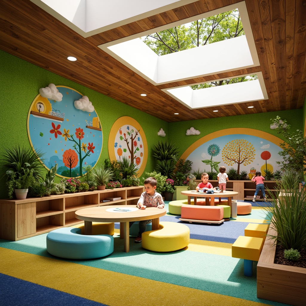 Prompt: Vibrant kindergarten interior, eco-friendly materials, recycled wood accents, low-VOC paints, natural fiber carpets, energy-efficient lighting, solar tubes, green walls, living plants, organic shapes, colorful textiles, whimsical patterns, rounded corners, soft cushions, educational murals, interactive displays, collaborative workspaces, flexible furniture, sensory play areas, calming ambiance, warm natural light, shallow depth of field, 1/1 composition.