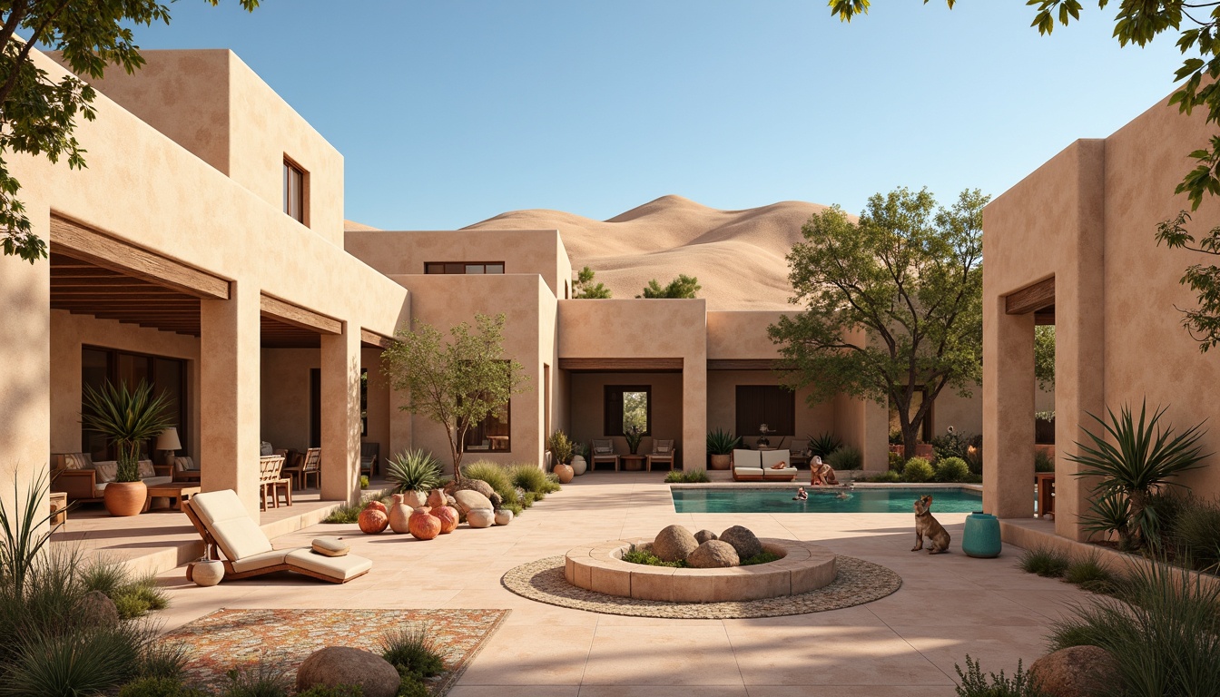 Prompt: Earthy southwestern adobe architecture, warm beige stucco walls, rustic wooden accents, turquoise decorative tiles, vibrant red-orange pottery, soft sandy dunes, clear blue skies, blooming cacti, natural stone flooring, woven textiles, geometric patterned rugs, warm golden lighting, shallow depth of field, 3/4 composition, panoramic view, realistic textures, ambient occlusion.