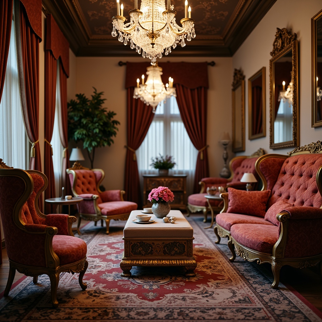 Prompt: Intricate ornate furniture, curved silhouettes, gilded accents, velvet upholstery, luxurious fabrics, carved wooden legs, cabriole chairs, tufted ottomans, marble-topped tables, ornamental mirrors, crystal chandeliers, soft warm lighting, shallow depth of field, 3/4 composition, realistic textures, ambient occlusion, opulent drapery, lavish patterns, Baroque-inspired carvings, rich jewel-toned colors.