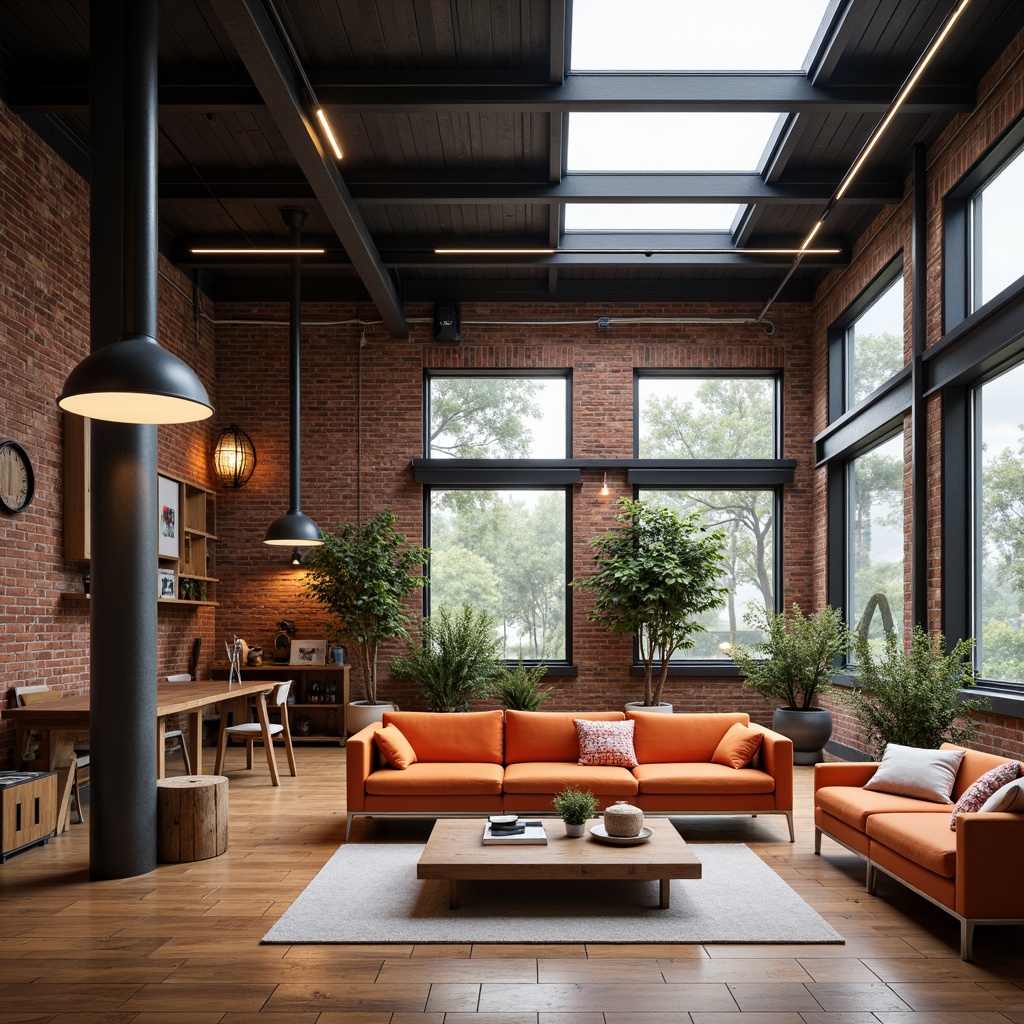 Prompt: Bauhaus-style interior, industrial metal lamps, exposed brick walls, minimalist decor, sleek wooden furniture, geometric patterns, bold color accents, natural materials, abundant natural light, large windows, clerestory windows, soft diffused lighting, warm LED strips, track lighting systems, adjustable spotlights, functional simplicity, modernist aesthetic, clean lines, minimal ornamentation, functional fixtures, industrial chic ambiance.