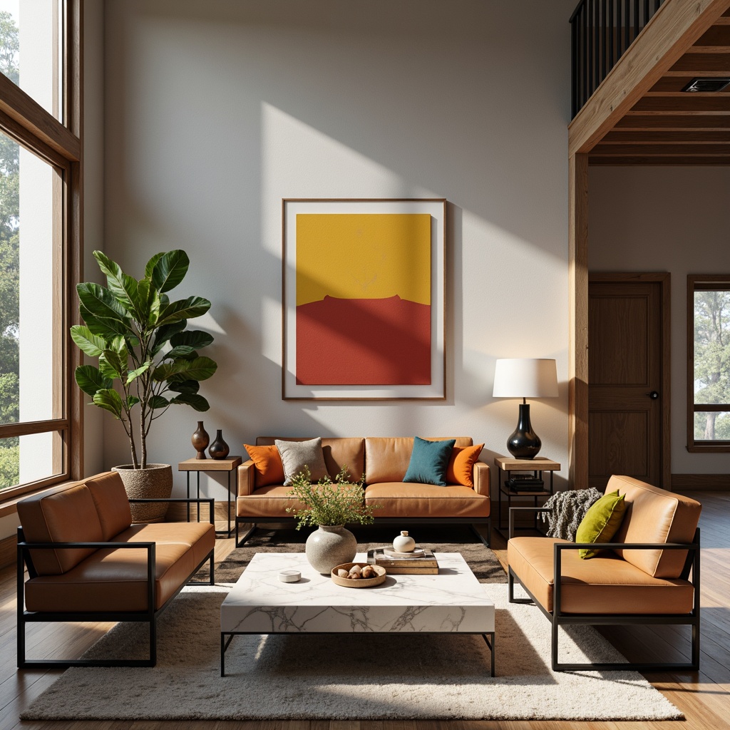 Prompt: Minimalist living room, industrial-chic decor, functional furniture pieces, tubular steel frames, leather cushions, geometric shapes, primary color accents, sleek wooden surfaces, marble coffee tables, abstract artwork, modernist sculptures, minimalist lighting fixtures, warm ambient glow, shallow depth of field, 1/1 composition, realistic textures, subtle shading.